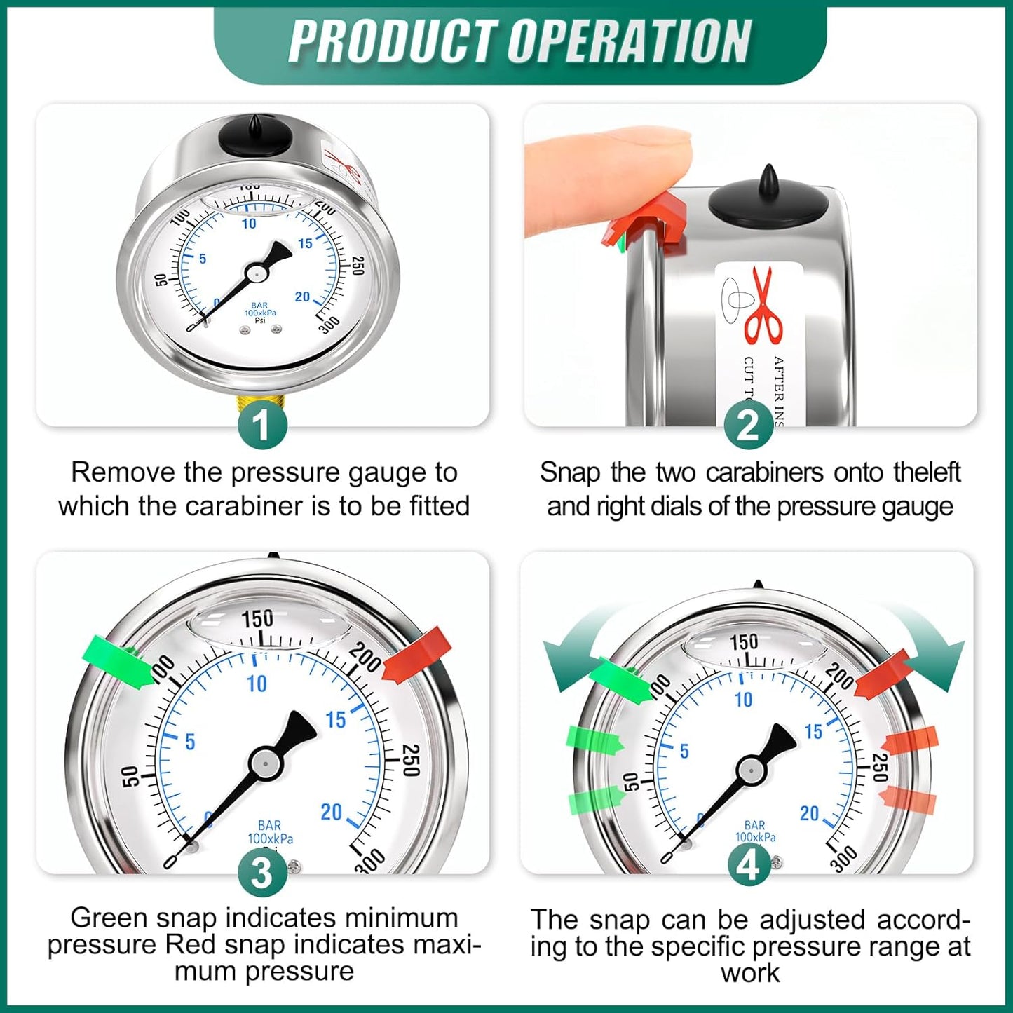 0-300psi Stainless Steel 1/4" NPT 2.5" Dial, Glycerin Liquid Filled Pressure Gauge Lower Mount Designed for Pressure Testing of Water, Oil and Air (with Range Mark Pointer)