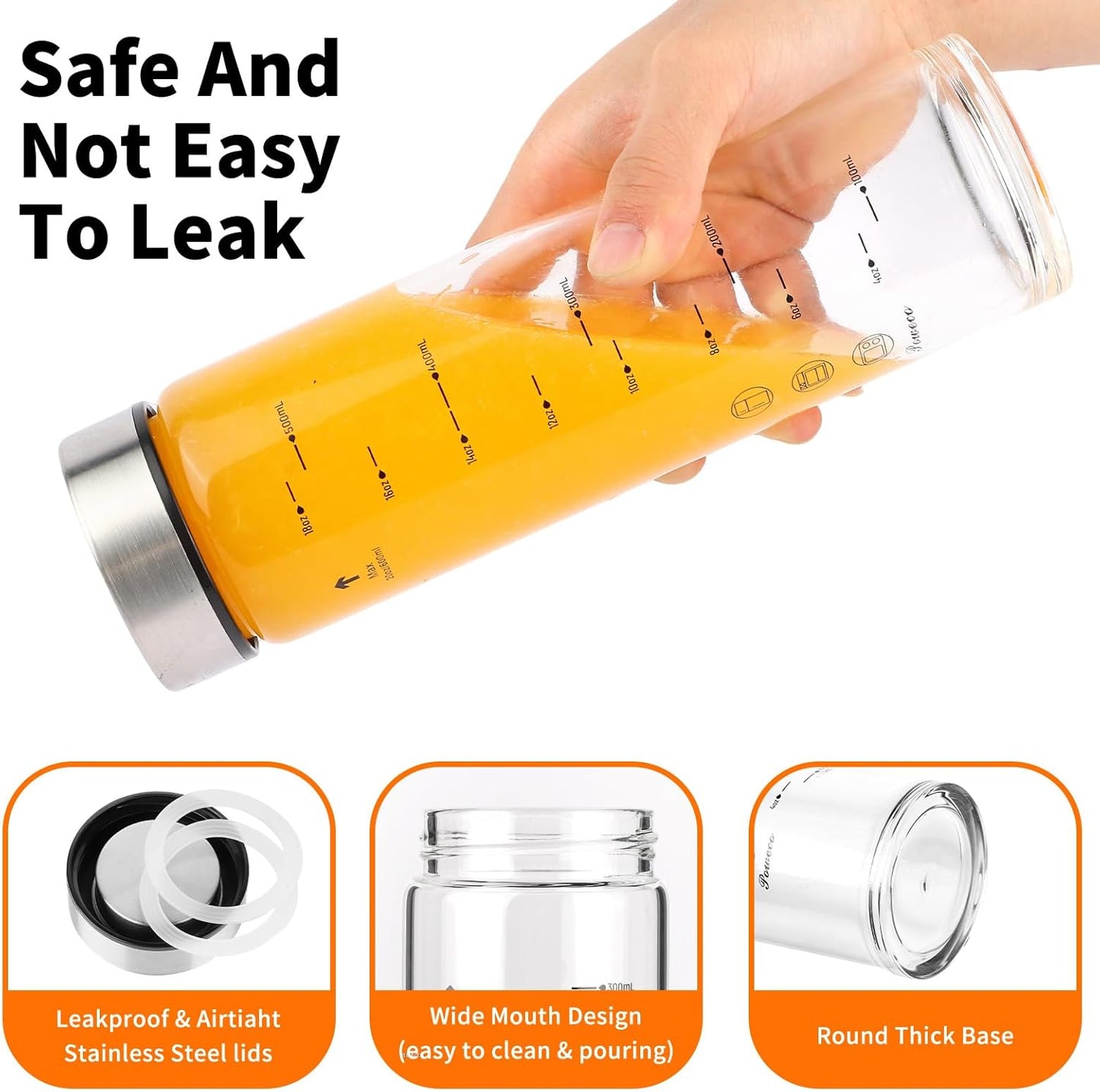 Glass Juice Bottles 4 Pack 12 oz - Wide Mouth Glass Water Bottles with Lids - for Juicing, Protein, Smoothie, Milk, Reusable, BPA Free, Stainless Steel Lids, Blender, Shaker Bottle [12oz/400ml]