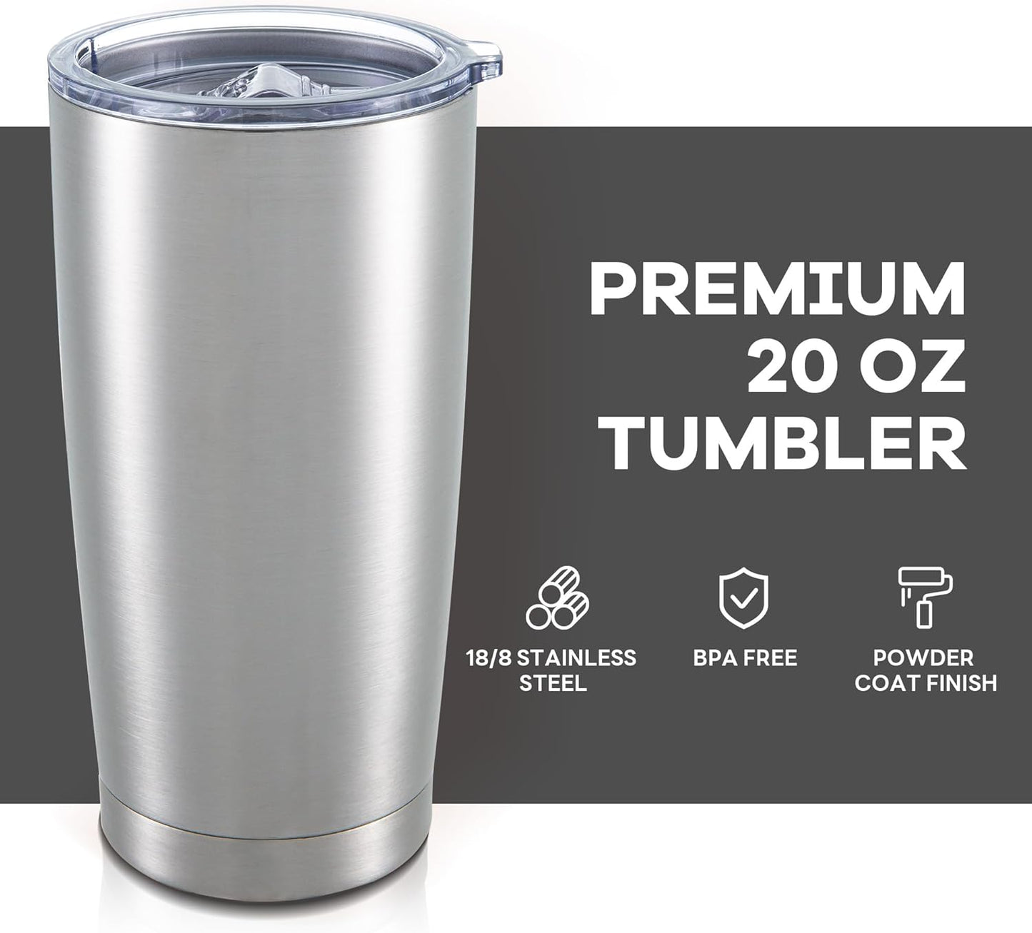 20 oz Tumbler with Lid Stainless Steel Insulated Tumblers Bulk Double Wall Vacuum Cups Powder Coated Travel Mug Keep Drink Cold and Hot, Stainless Steel, 8 Pack