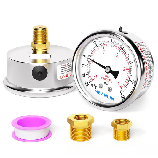 MEANLIN MEASURE -30inHG~60Psi Stainless Steel 1/4" NPT 2.5" FACE DIAL,Vacuum Pressure Gauge,Center Back Mount, with 1/4" x 1/2" NPT and 1/4" x 3/8" NPT Hex Bushing