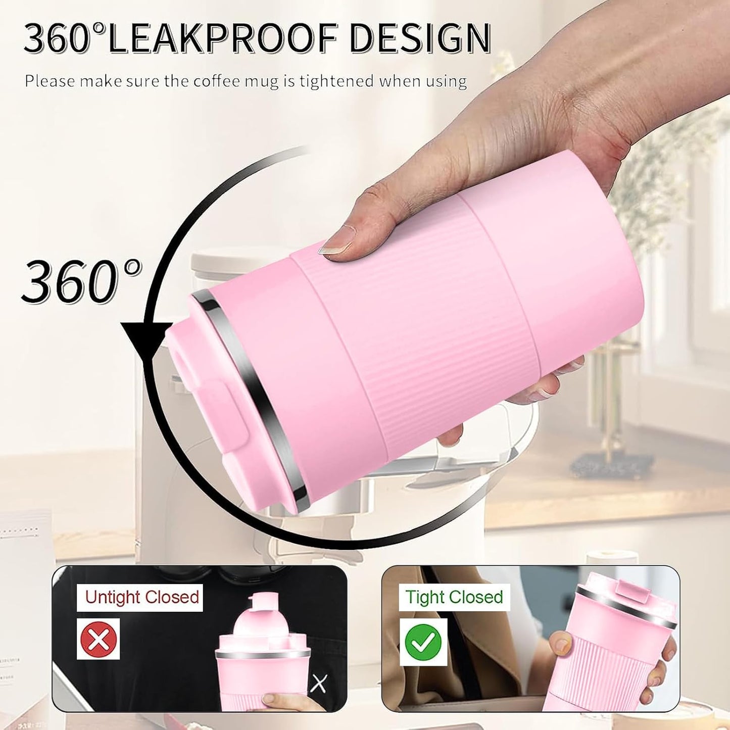 YINBAOGE Insulated Travel Coffee Mug Spill Proof Leak Proof Pobtable To Go Camping Stainless Steel Coffee Tumbler Reusable Coffee Cups with Lids Thermos for Hot and Cold Drink (Pink, 17 OZ)