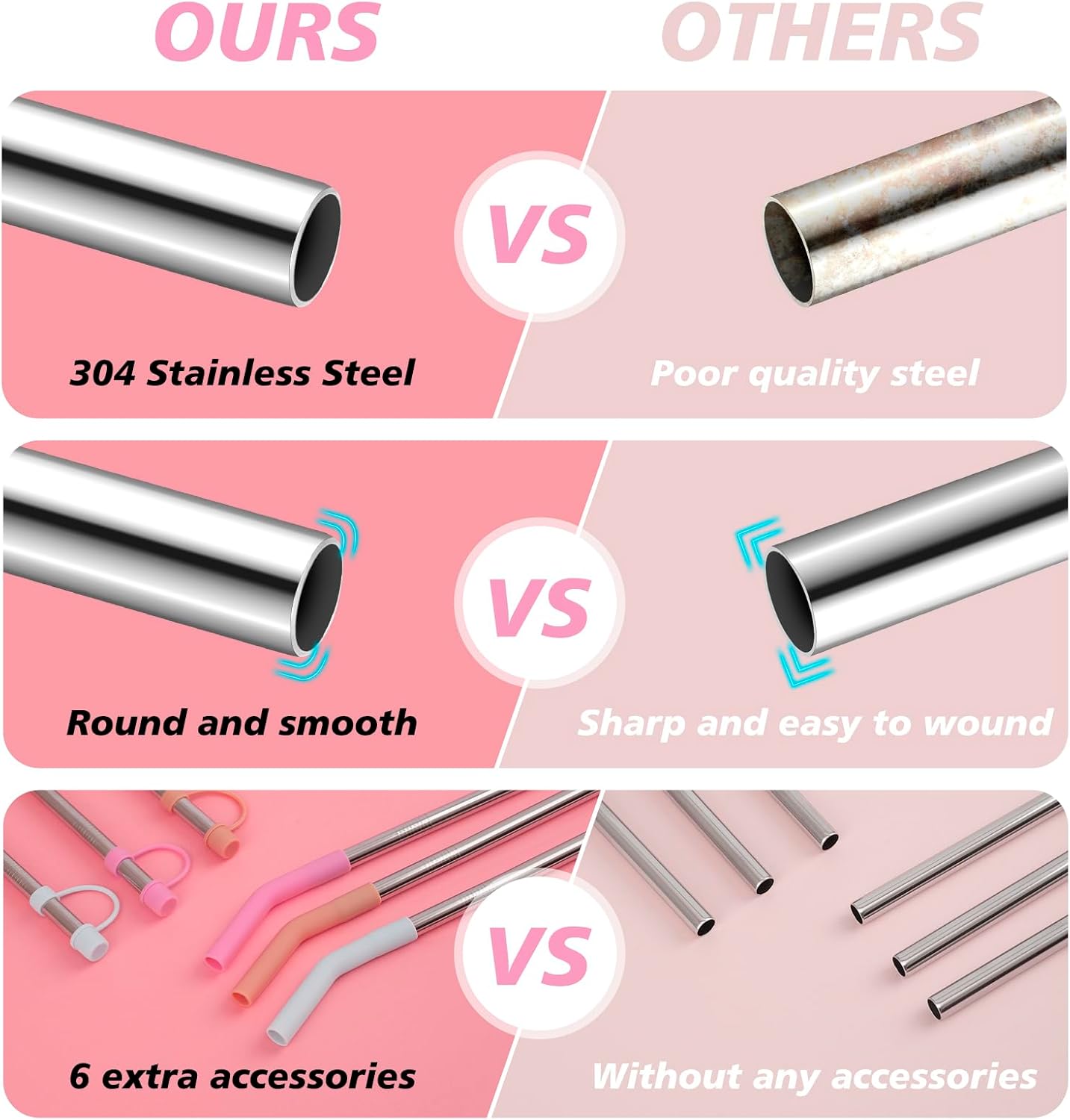 Stainless Steel Straws with covers fit Stanley 14oz & 20oz tumbler, Reusable 8.6 Inch Straw with Silicone Tips & Cover Caps, Compatible with Stanley Quencher H2.0 (6 Pack: 3 Bent + 3 Straight)