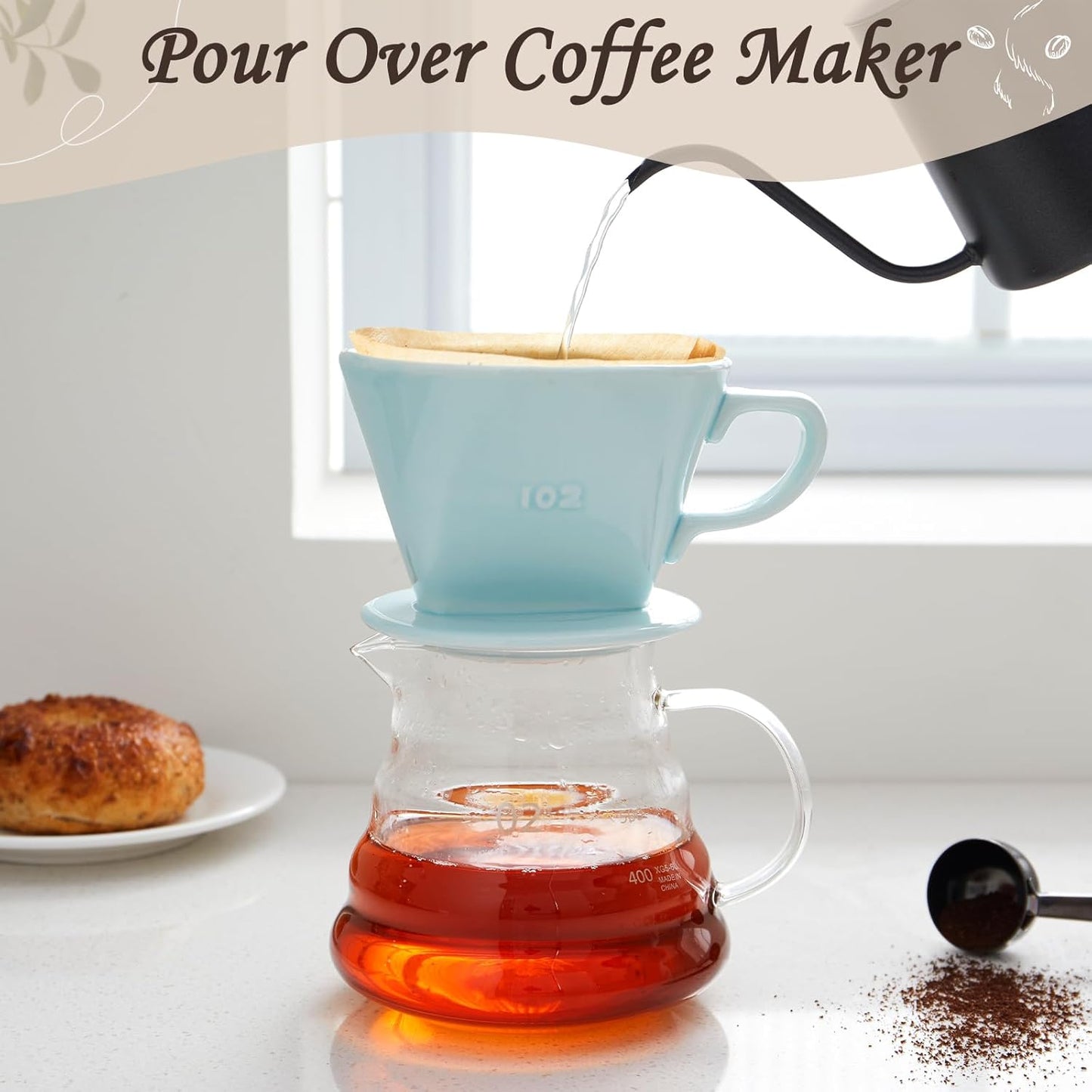 Pour Over Coffee Dripper, Ceramic Pour Over Coffee Maker with 3 Holes Flat Bottom, Easy Manual Slow Brewing, Porcelain Slow Filter Cone for Home, Office, Gift, Size 2, GR