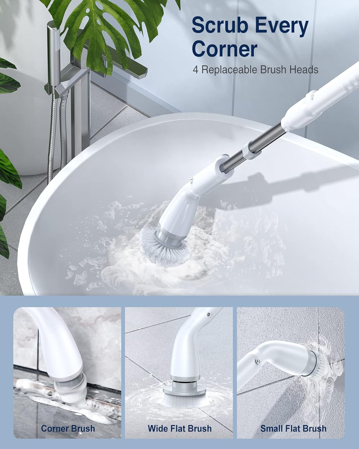 LABIGO Electric Spin Scrubber, Cordless Cleaning Brush Scrubber with 7 Replaceable Brush Heads and Adjustable Extension Handle, IPX7 Waterproof Power Cleaning Brush for Bathroom Tub Floor Tile Shower