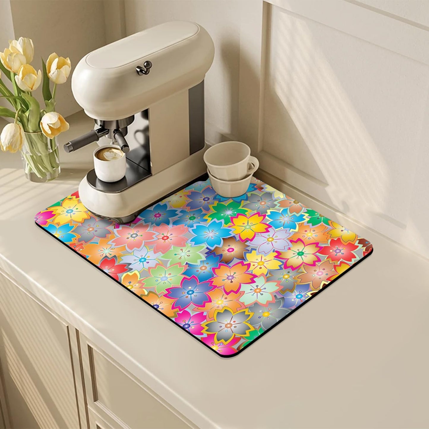 Coffee Mat for Kitchen Counter - Hide Stain Absorbent Dish Drying Mat, Rubber Coffee Bar Mats, Drying Pads, Accessories Fit Under Tea Pot, Cafe Maker, Espresso Machine, Dish Rack, 19"x12", Flowers