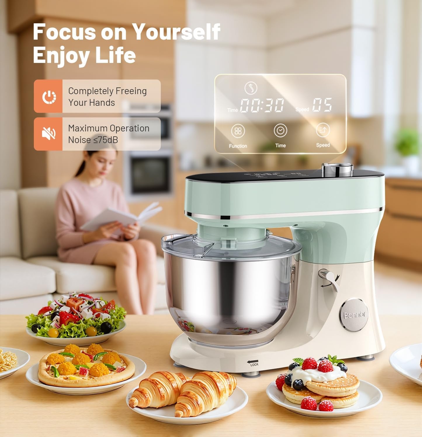 Stand Mixer 6QT Kitchen Mixer with LED Touchscreen, 11-Speed Tilt-Head Mixer with Timer, 4 Preset Menus, Stainless Steel Bowl, Dough Hook, Whisk, Beater