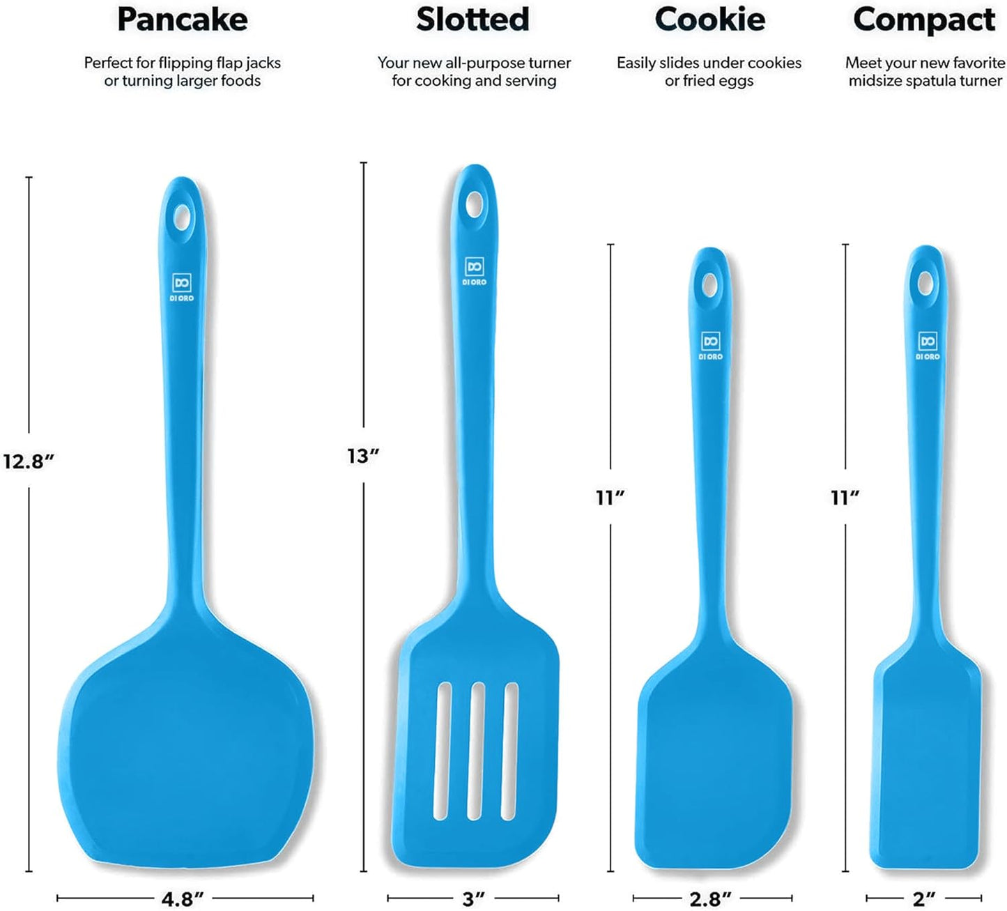 New DI ORO Silicone Turner Spatula Set - Kitchen Spatulas for Nonstick Cookware - Cooking Utensils for Flipping Eggs & Pancakes - 600°F Heat-Resistant BPA Free Turners - Dishwasher Safe (4pc, Blue)