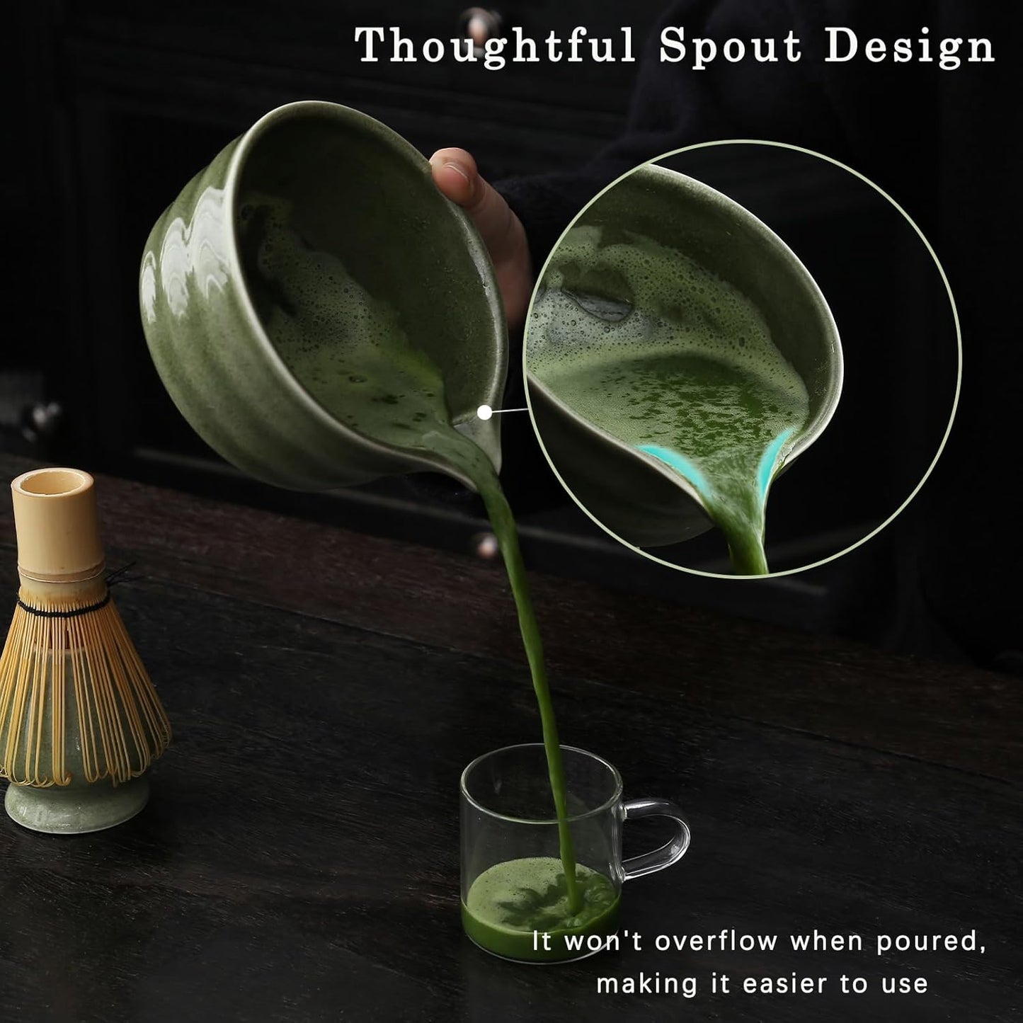 Matcha Whisk Set, Matcha Bowl with Spout, Matcha Whisk and Holder, Bamboo Matcha Scoop and Stainless Sifter - 5 Pcs Jade Green Matcha Kit for Matcha Lover