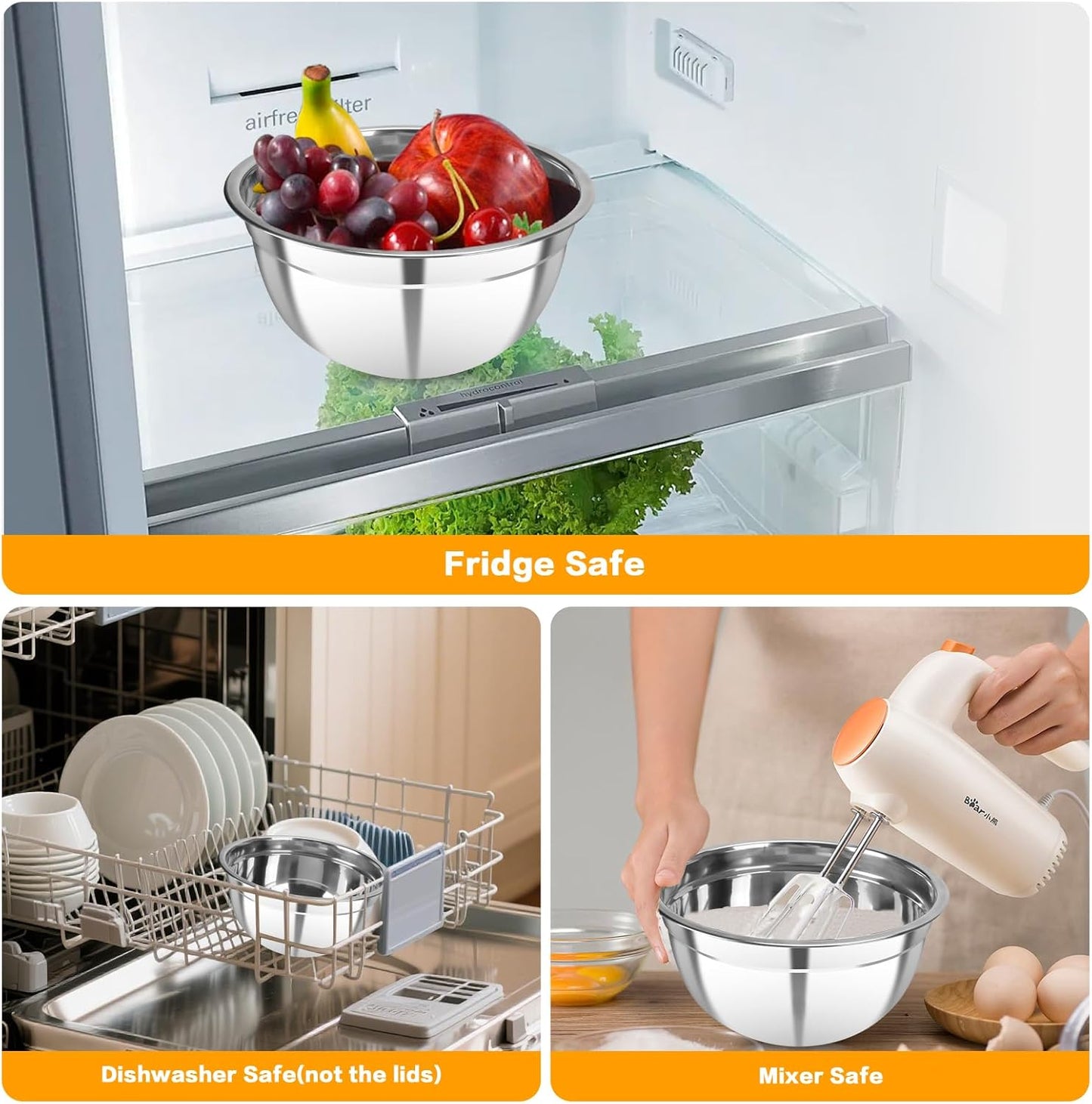 7 Piece Metal Mixing Bowls with Lids Set, Stainless Steel Nesting Design Salad Mixing Bowl Set for Kitchen Cooking, Baking, Prepping and Serving Food (Size 0.7, 1.1, 1.5, 2.1, 3.5, 4, 4.5QT)