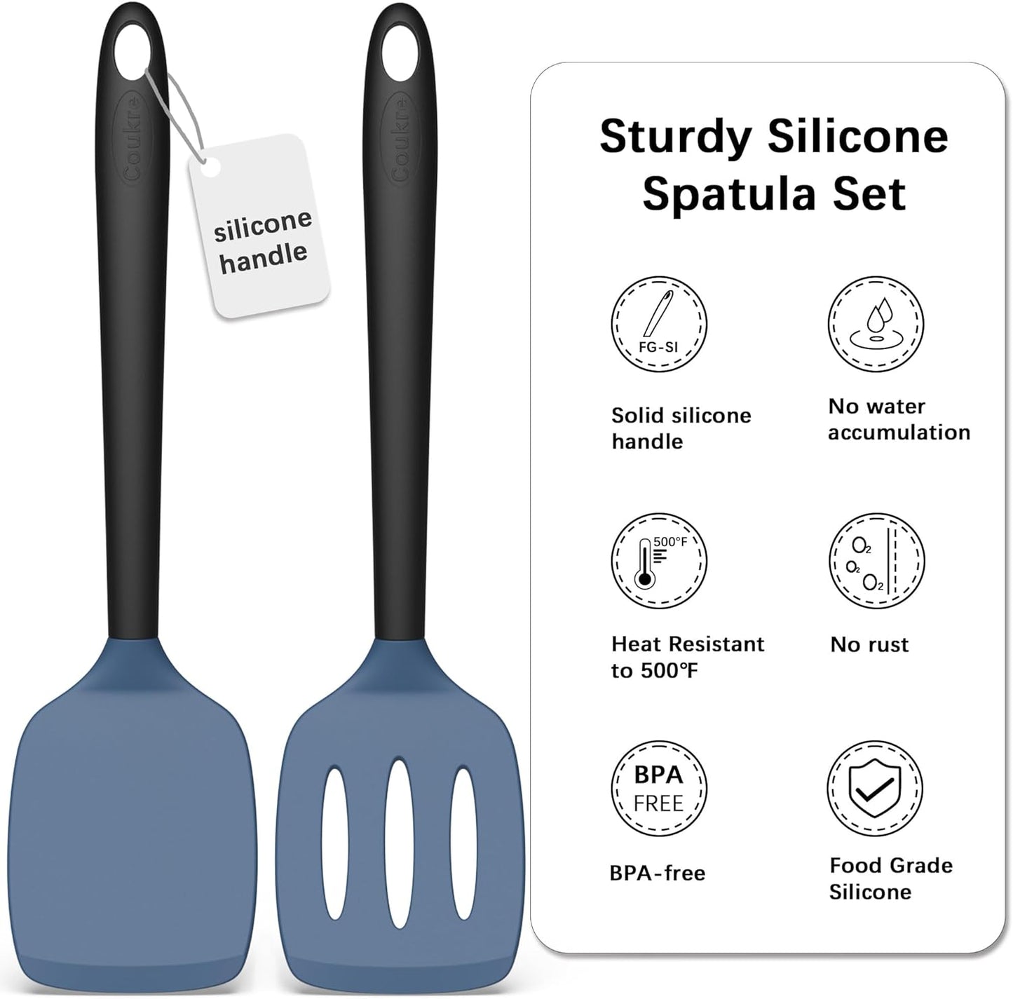 Coukre 2 Pack Silicone Spatula Set, High Heat Resistant, BPA Free Kitchen Spatula, Solid & Slotted Turner for Non-Stick Pans, Sautéing, and Flipping (2, DarkBlue)
