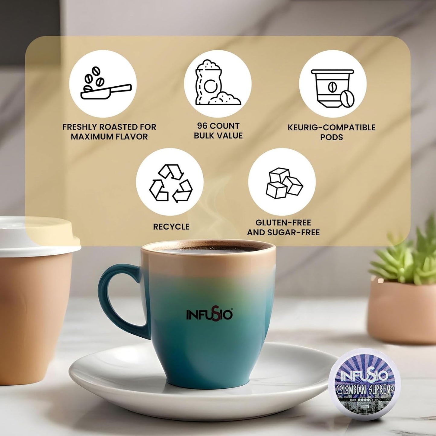 InfuSio Coffee Pods 96 Count Colombian Supremo Medium Dark Roast Single serve Coffee pods for Keurig K Cup® Brewers - InfuSio Premium Roasted Keurig 2.0 Compatible