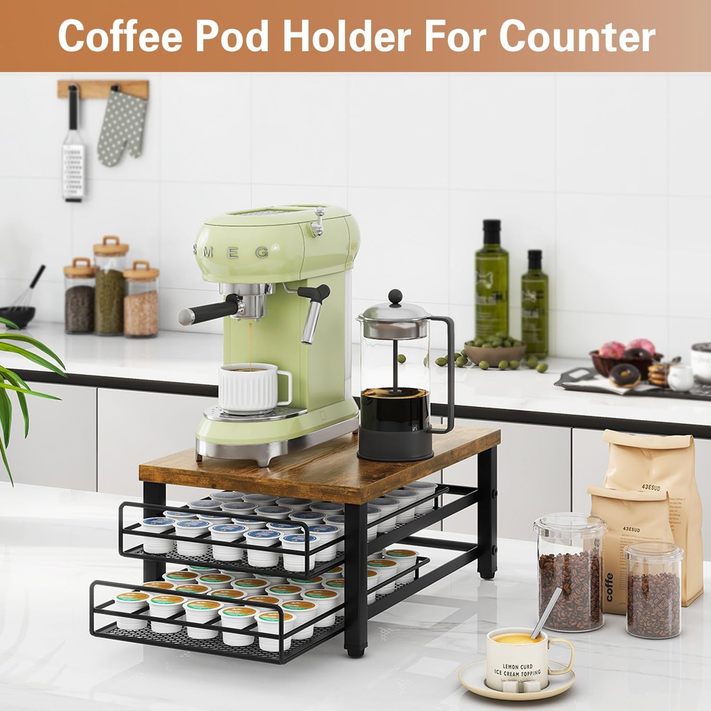 IBUYKE 2-Tier Coffee Pod Drawer Holder for K Cup, Capsule Pods Storage Organizer, Compact Under Coffee Pot Storage Drawer, Slim Home Kitchen Counter Organizer TCJ002H