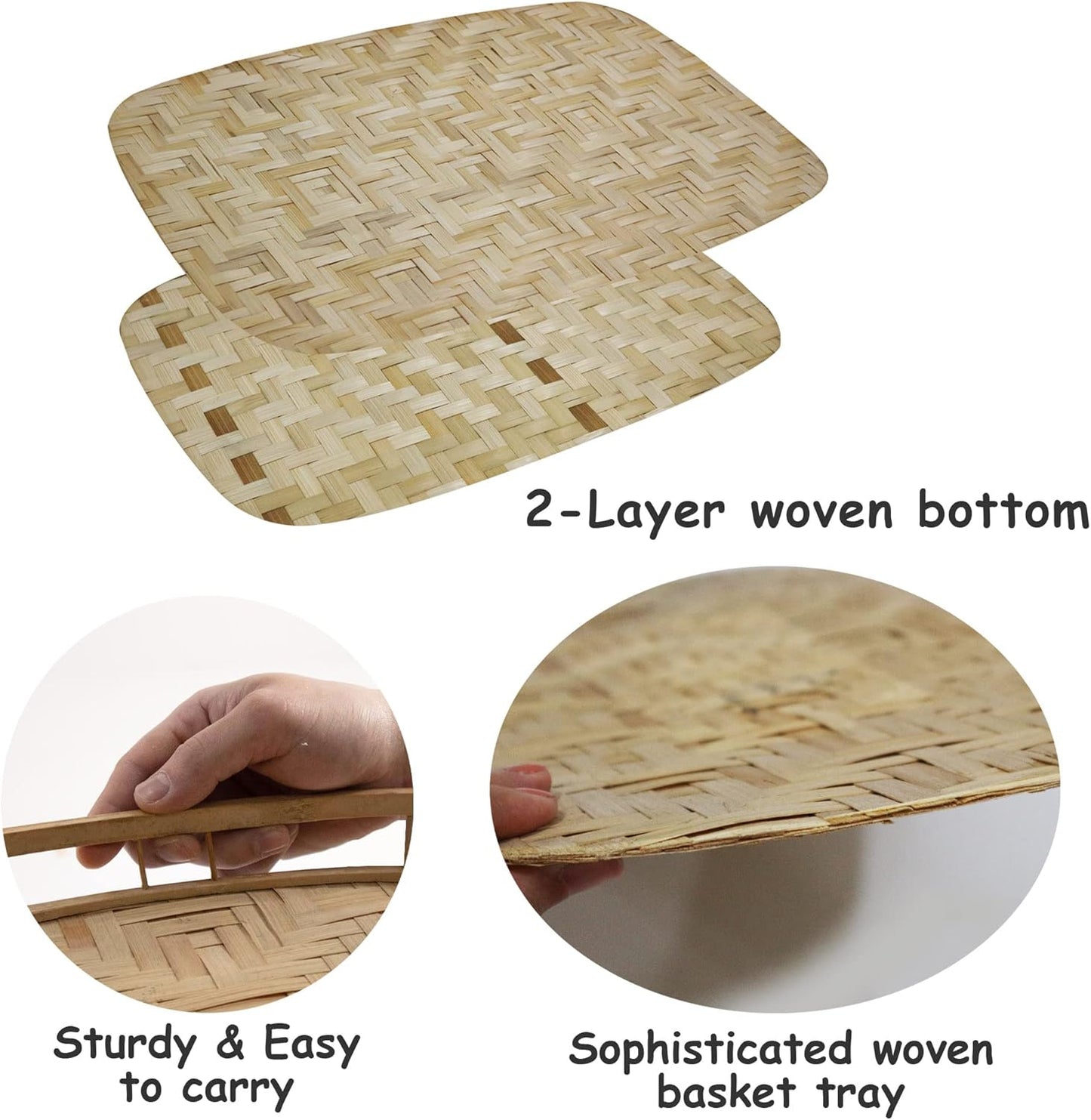 PEMAR Set of 4 Bamboo Wicker Serving Trays for Foods & Drinks, Rectangular Breakfast Lap Trays with Handles Wooden Decorative Platters for Coffee Table, Bed Eating