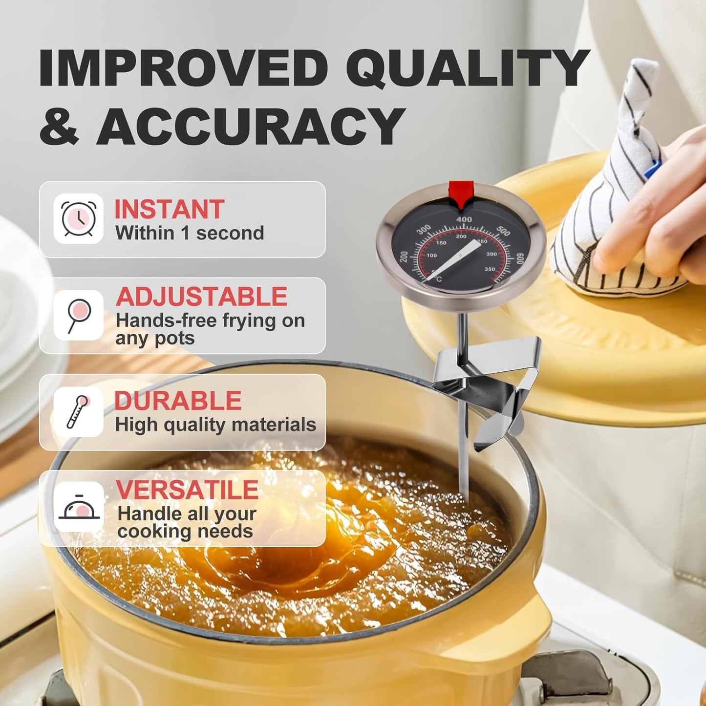 Glow-in-The-Dark Candy Thermometer Waterproof - 9" Deep Fry & Candy Thermometer with Pot Clip – High-Heat, Waterproof for Oil, BBQ, Candle Making，Black