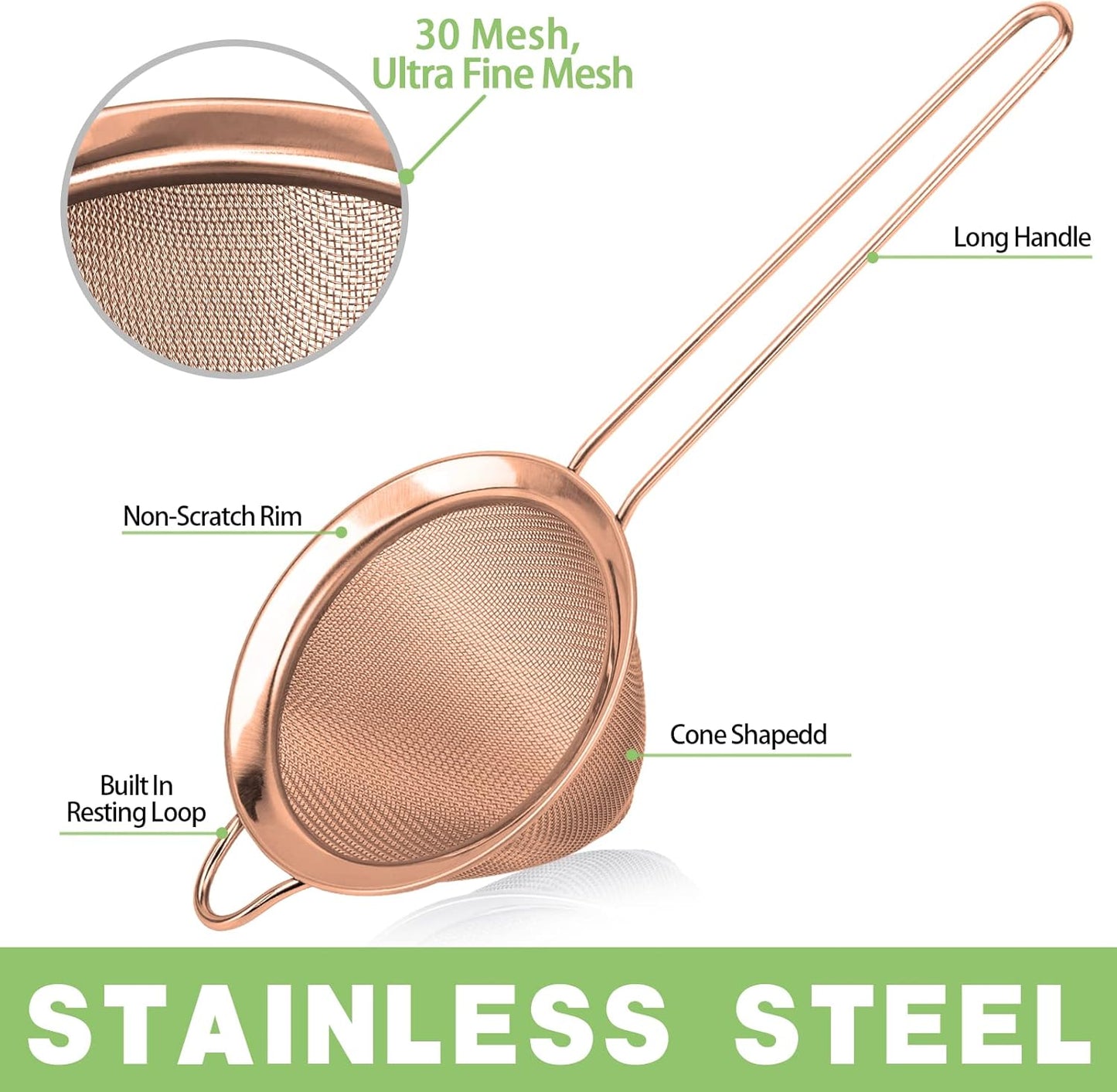 2 Pack Stainless Steel Small Food Strainer, Fine Mesh Sieve with Long Handle, Cocktail Strainer For Cocktails, Tea Herbs, Coffee & Drinks, Rust Proof & Great as Tea Strainer, 3.5inch