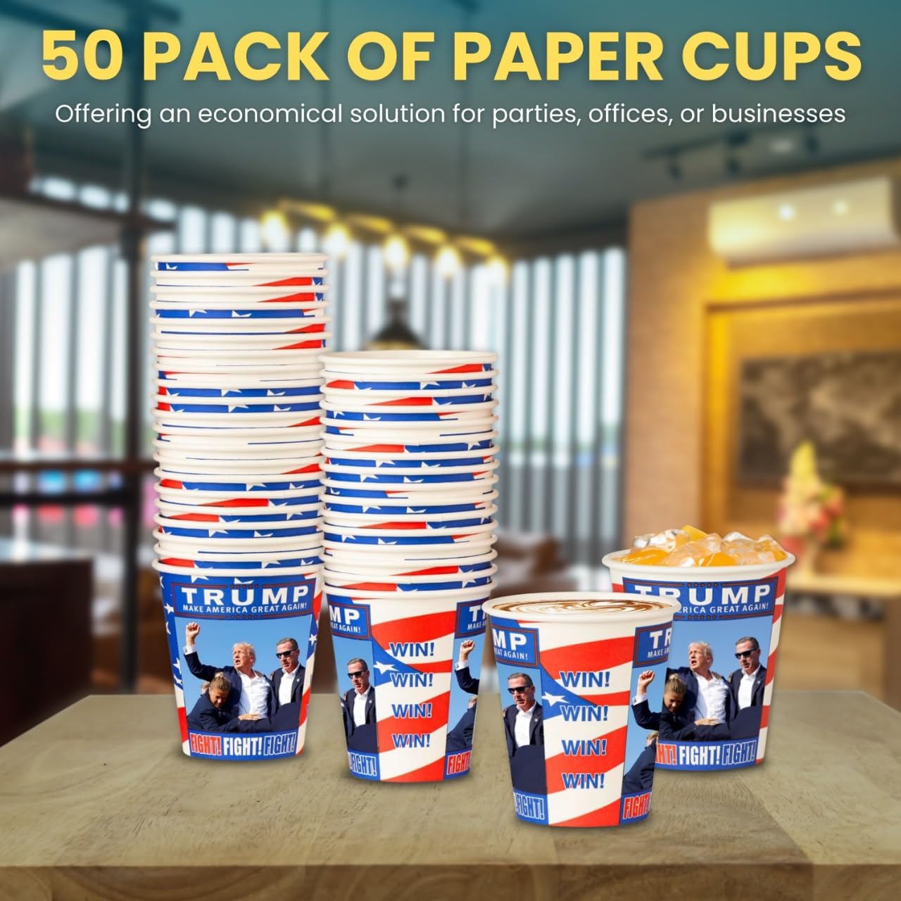 Smygoods Trump Design Disposable Paper Coffee Cups (10 OZ, 50 Count) For Hot Beverages, Tea, Espresso, Cocoa - To Go Drink Containers, Café & Office