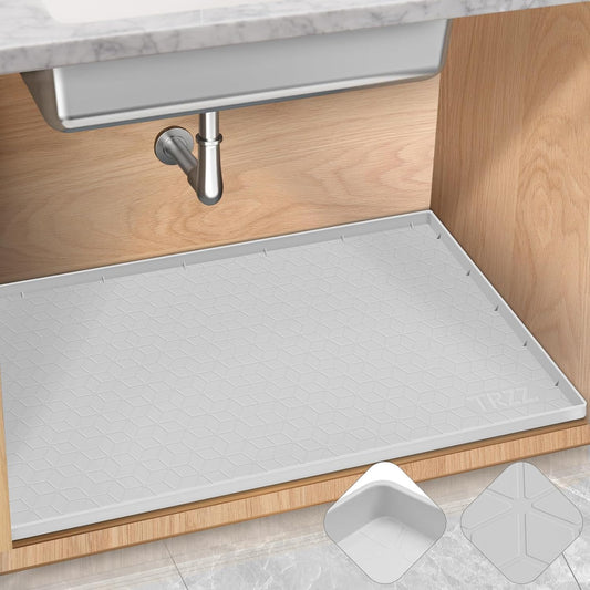 TRZZ Silicone Waterproof Under Sink Mat 28" x 19", Drip Tray and Cabinet Liner for Kitchen and Bathroom, Prevents Water Damage and Organizes Cabinets (Light Grey)