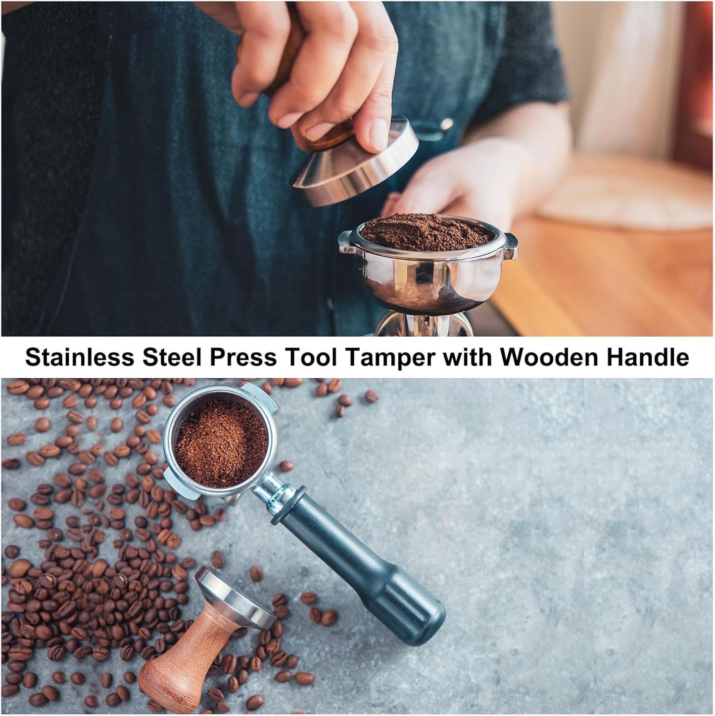 uxcell 53mm Espresso Tamper, Stainless Steel Press Tool Tamper with Wooden Handle, Espresso Accessories for Baristas, Home, Shops, Cafe (Flat Base, Light Wooden)