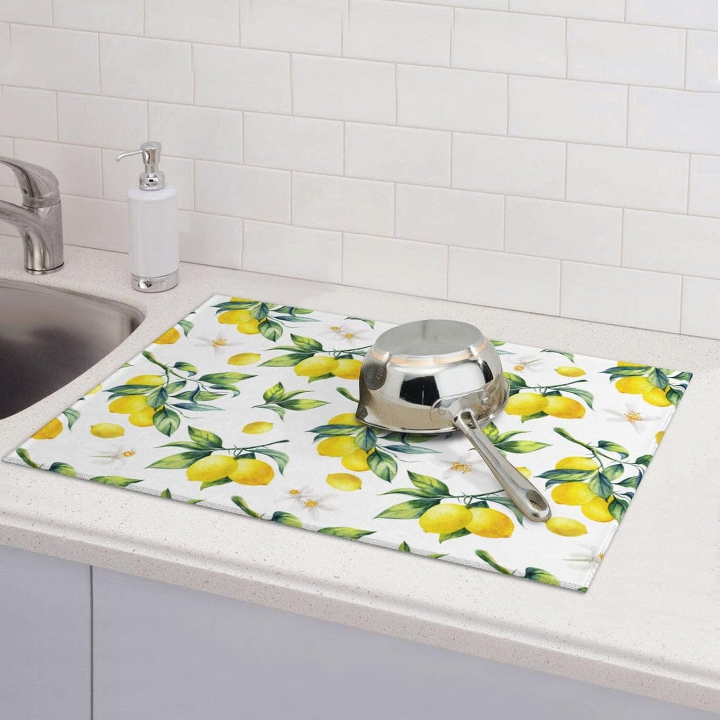 Tropical Lemon Leaves Dish Drying Mat, Highly Absorbent Microfiber Kitchen Counter Pad Reusable Washable, 18*24"