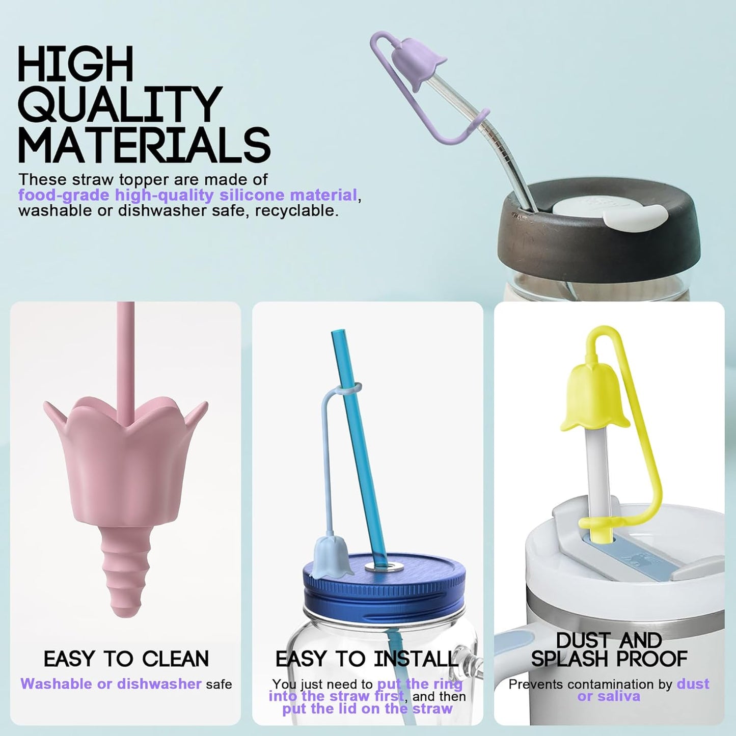 5Pcs Silicone Straw Covers for Stanley Yeti Tumbler Cup, Reusable Drinking Straw Cap Easy to Clean, Dust-Proof Flower Straw Topper Compatible for 6-10m/0.23-0.4inch Straws (Multi color B)