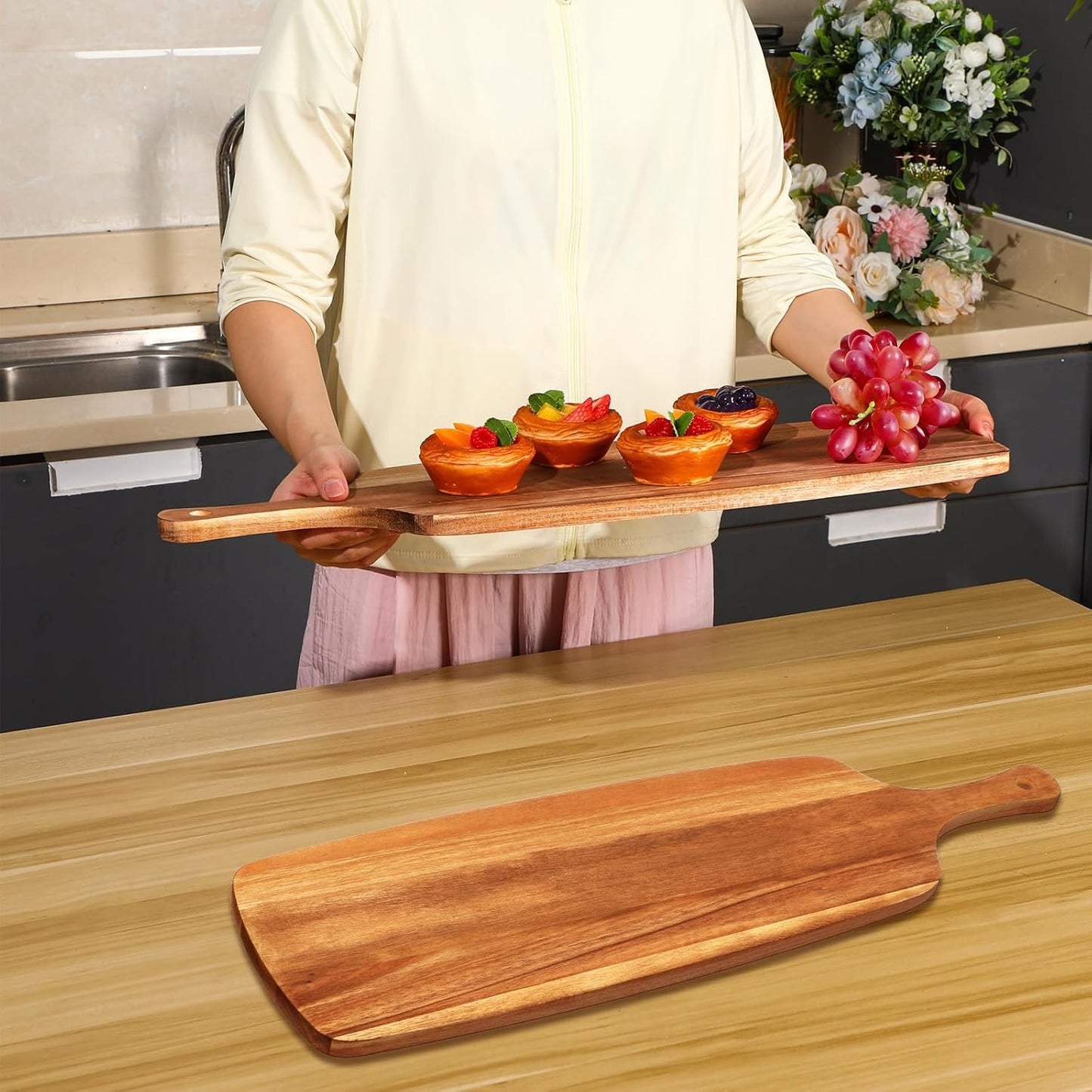 Kathfly 3 Pcs Acacia Wood Cutting Board with Handle Wooden Laser Kitchen Serving Charcuterie Board for Vegetables Meat Pizza Cheese Fruit Bread(24 x 7 Inch)