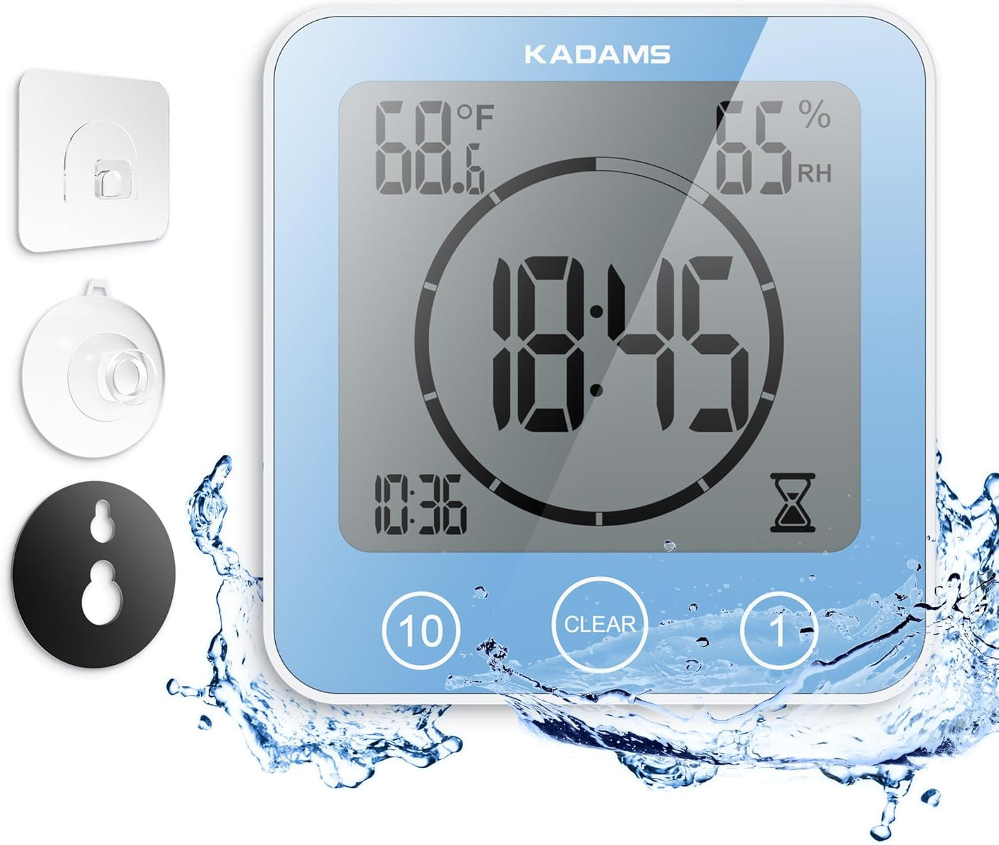 KADAMS Shower Clock Waterproof Bathroom Timer – Digital Wall Clock with Countdown, Magnetic Kitchen Clock with Temperature & Humidity, Suction Cup for Kids Shower Spa Sauna Cook Bath, Blue
