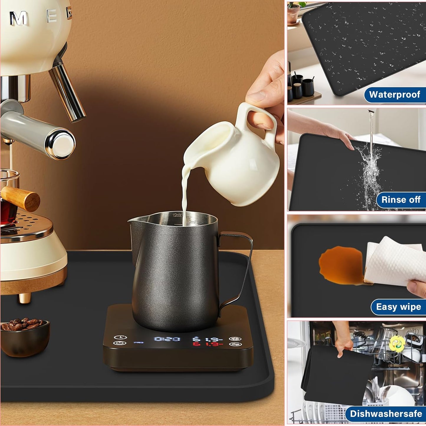 Silicone Coffee Mat - Removable Bar Mat with Concave and Convex Design, Leak-Proof and Non-Slip, Suitable for Use Under the Coffee Machine to Keep the Countertop Clean (Black24"x16")