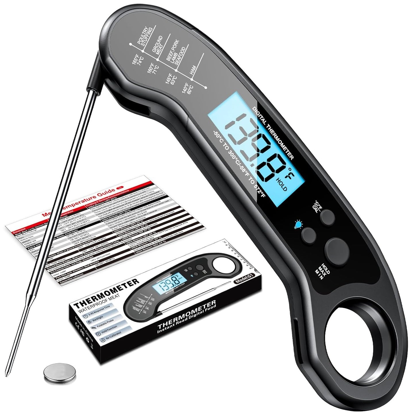 Meat Thermometer Digital, Instant Read Meat ThermometerI for Grill and Cooking, Waterproof Food Thermometer for Kitchen and Outside, BBQ, Turkey, Candy, Liquids, Beef
