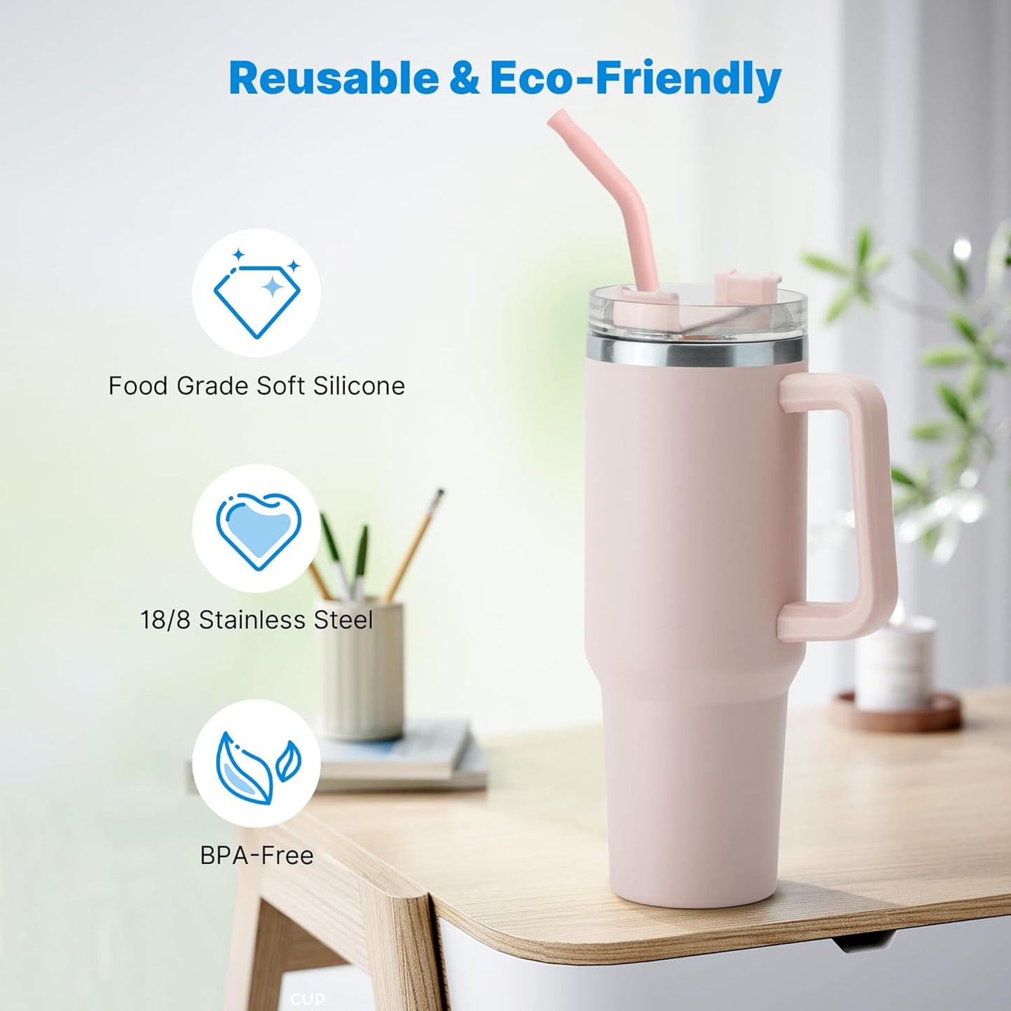 Metal Straw with Silicone Tip for 40oz Stanley Cup, 2 Pcs Stainless Steel Straws Replacement for Stanley 40 oz Adventure Quencher Travel Tumbler Cup, 1 Straw Brush (Light Pink)