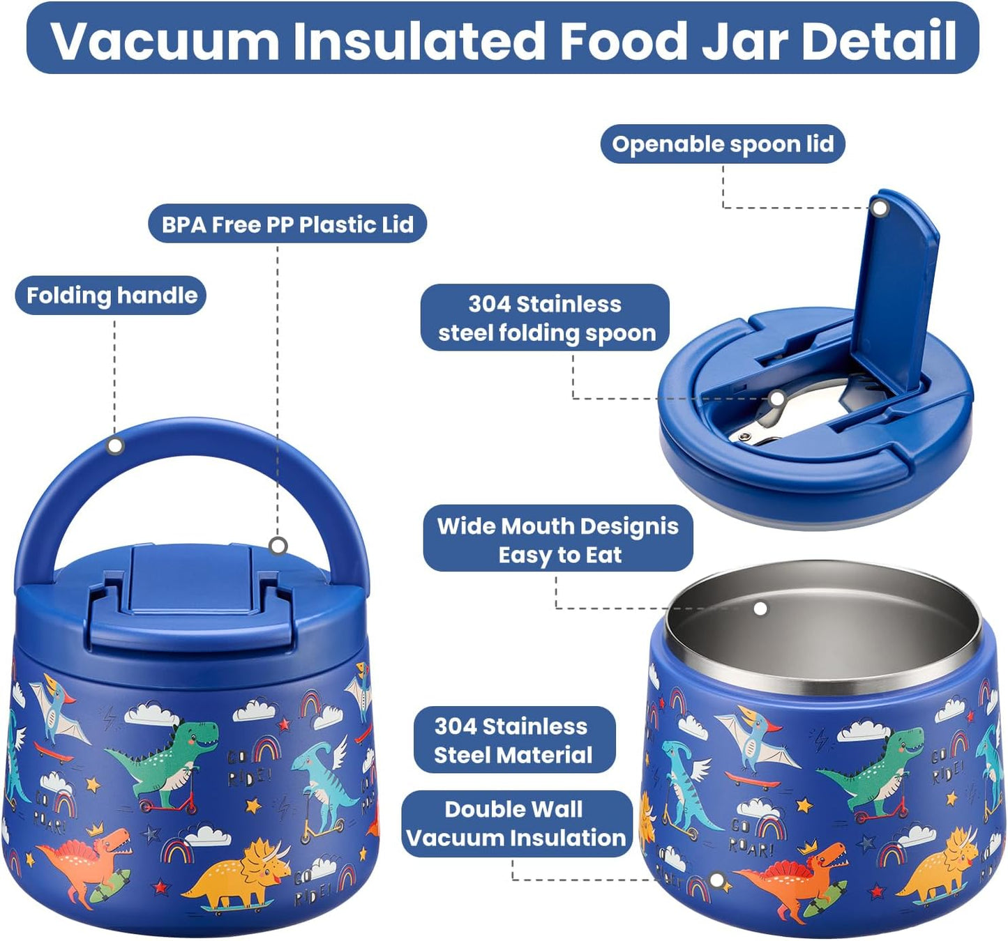14oz Insulated Vacuum Food Jar with Buckle Lid,Soup Thermo for Hot Food Kids,Wide Mouth Leakproof Stainless Steel Lunch Container with Spoon-Dinosaur