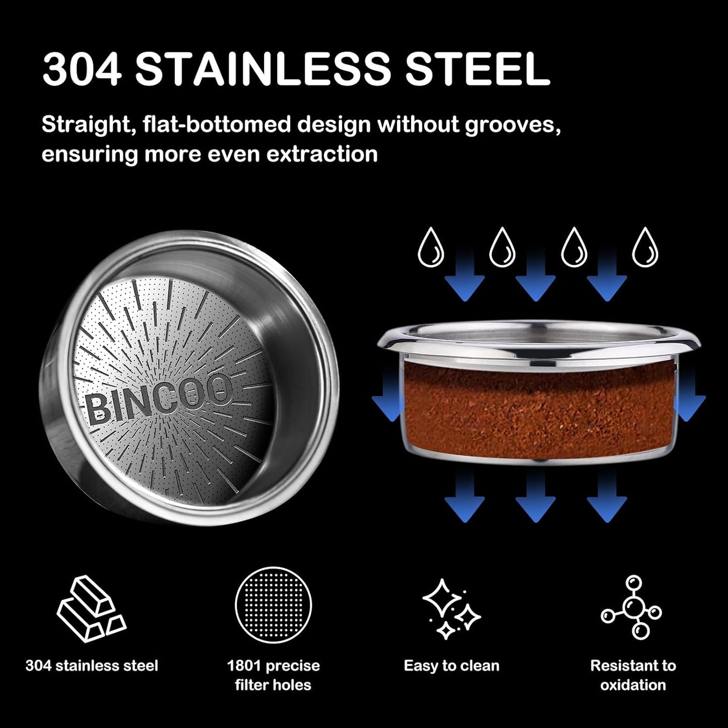 Bincoo Precision Espresso Filter Basket Compatible with 58mm Espresso Machine Portafilters,304 Stainless Steel Portafilter Basket for 16g/18g/20g,High-Precision Holes(18g- 58.5mm)