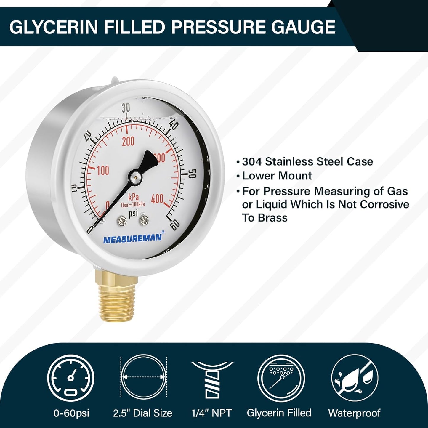 MEASUREMAN 2-1/2inch Dial Size, Liquid Filled Pressure Gauge, 0-60psi/kpa, 304 Stainless Steel Case, 1/4inNPT Lower Mount