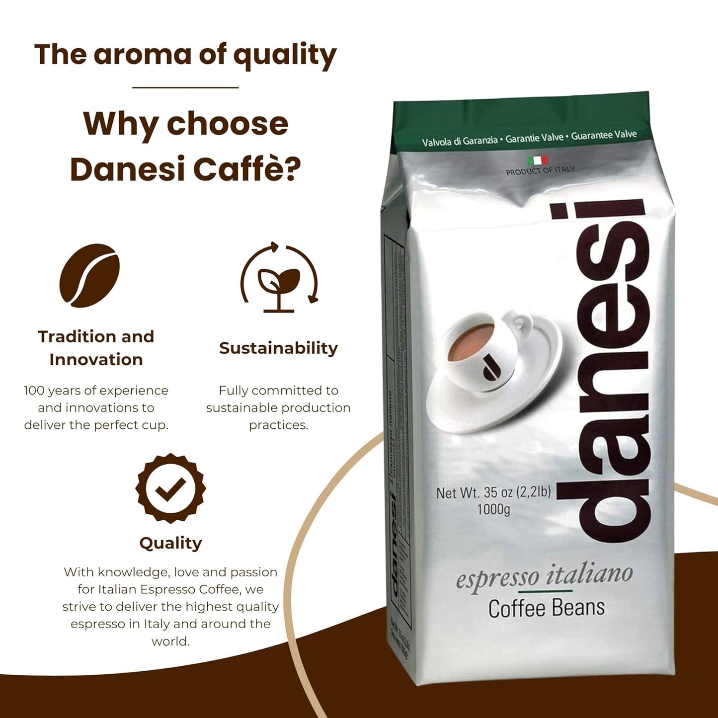 Danesi Caffe Italian Whole Coffee Beans - Espresso Coffee Beans and Medium Roast Whole Bean - Perfect for Espresso Machines, French Press, and Home Brewing - Emerald (4.5 lb)