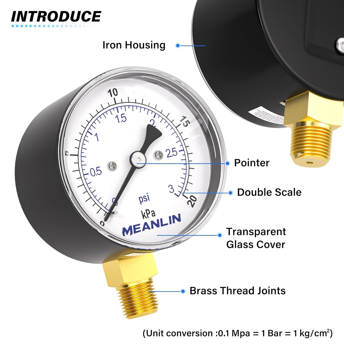 MEANLIN MEASURE 0-3Psi Diaphragm Type Capsule Low-Pressure Gauge, Water Column Gauge, 2.6" Dial, 1/4" NPT, Rear Adjustable Knob, with 1/2" NPT and 3/8" NPT Hex Bushing, Lower Mount