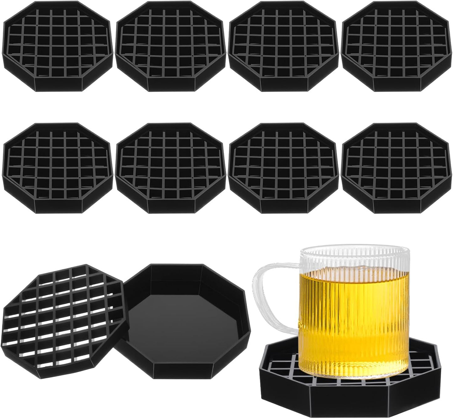 Set of 8 Coffee Countertop Drip Trays, 4" Octagon Shape, Black Plastic with Honeycomb Grid Design for Bars, Restaurants, and Drink Dispensers.