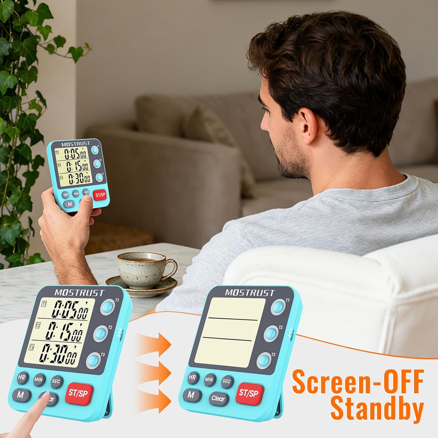 Digital Dual Kitchen Timer, 3 Channels Countdown Triple Timer for Cooking, Magnetic Memory-Preset Large-Display Adjustable Alarm Volume, Multi Times Management, 3A Battery Included, Blue