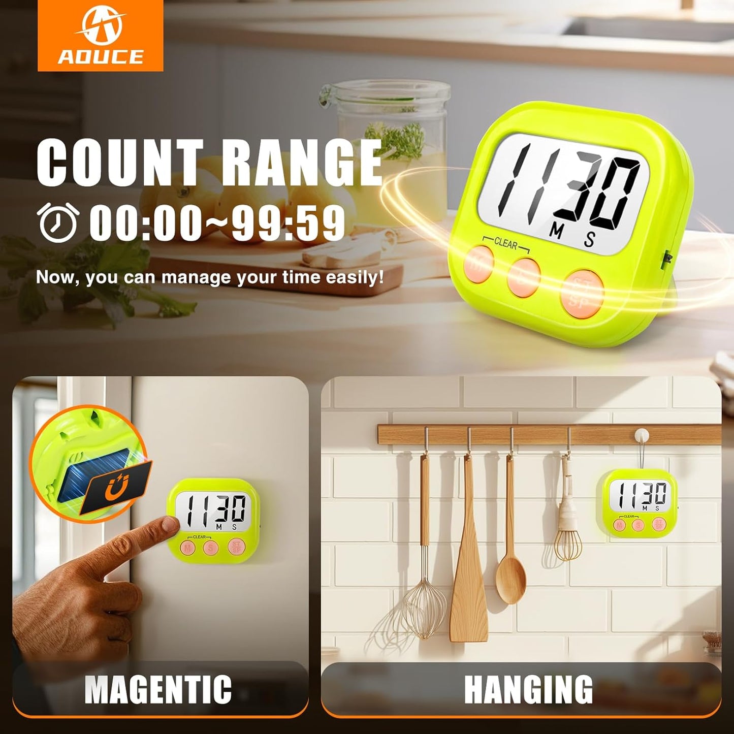 6 Pack Digital Kitchen Timers for Cooking Magnetic Timer for Cooking Loud Alarm Green