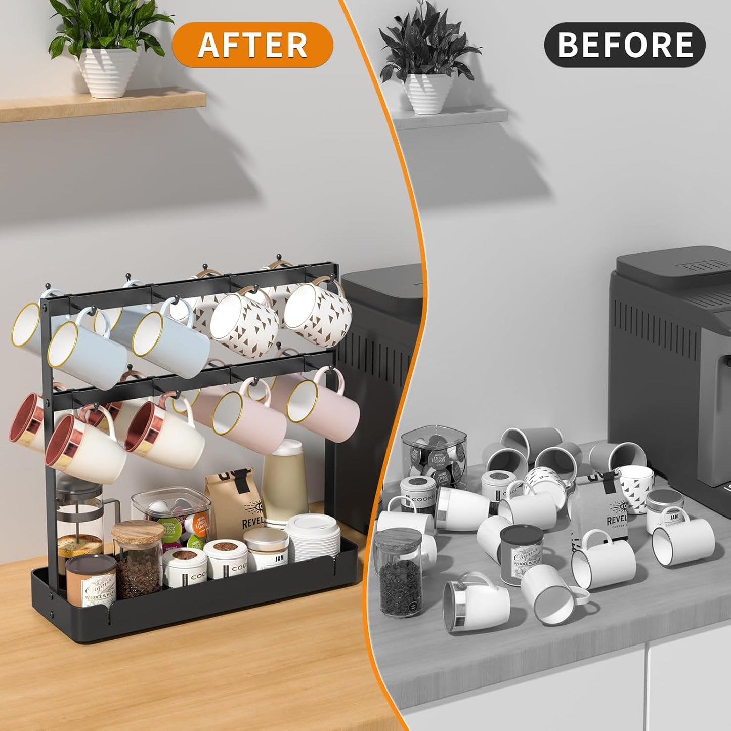 RCHYFEED Countertop Coffee Cup Holder, Aluminum Alloy Mug Holder Organizer with 16 Movable Hooks, 2 Tier Mug Tree Stand Rack with Storage Basket for K Cup Coffee Bar Kitchen