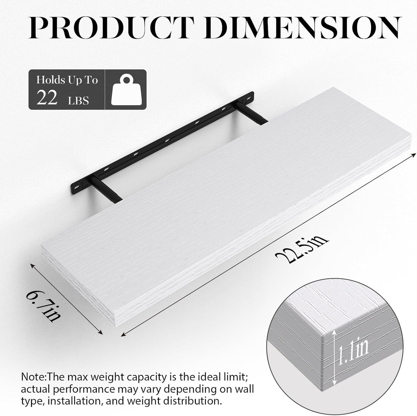 BAYKA Floating Shelves, 22.5" Rustic Wood Wall Mounted Shelves for Bathroom, Bedroom, Living Room, Kitchen & Office, Hanging Display Shelf with 22 lbs Capacity (White)