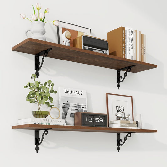 RICHFOCUS Floating Shelves for Wall Decor, 35.4W x 8D Wall Shelves Set of 2, 8 Inch Deep Rustic Wood Shelves Wall Mounted with Brackets, Long Floating Shelves for Living Room Bedroom Kitchen, Walnut