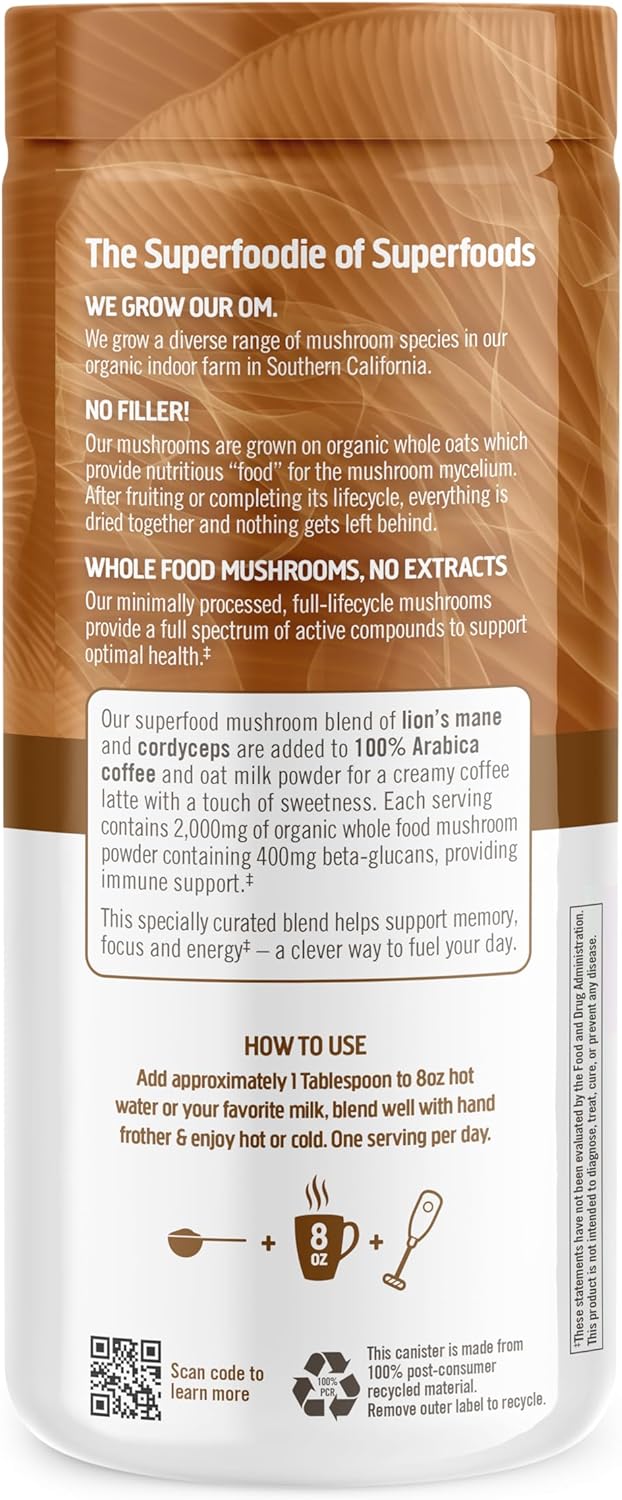 OM MUSHROOM SUPERFOOD Coffee Latte Blend Mushroom Powder, 8.47 Ounce Canister, 30 Servings, Lion's Mane, Cordyceps, Reishi, Chaga, Energy & Mental Clarity Support Supplement