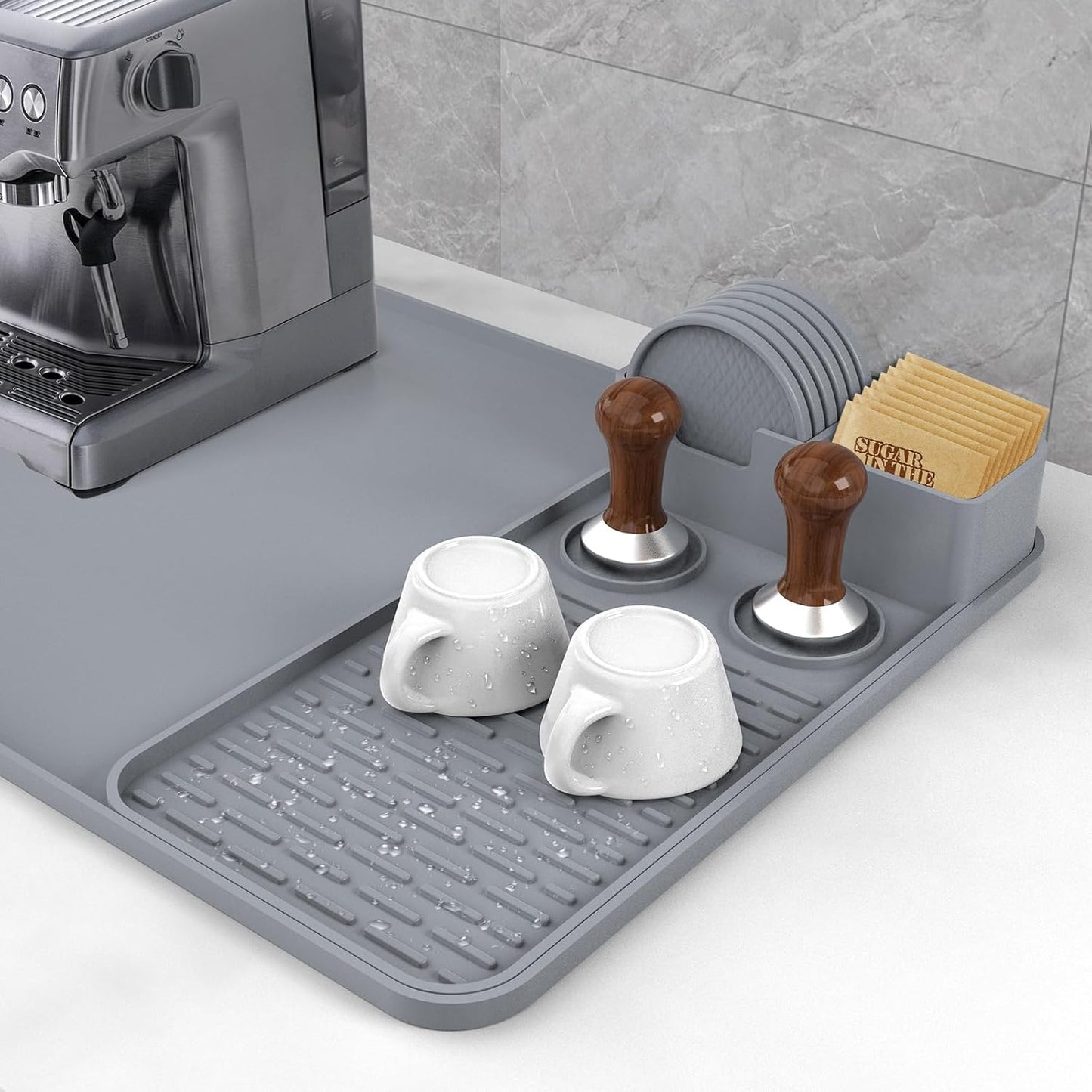 24''x16'' Silicone Coffee Mat with 6PCS Coasters,Counter Bar Mat with Detachable Dish Drying Mat for Kitchen Countertops,Coffee Bar Accessories (Grey, 24 x 16 inches)