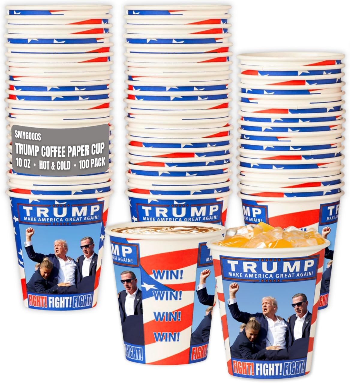 Smygoods Trump Design Disposable Paper Coffee Cups (10 OZ, 100 Count) For Hot Beverages, Tea, Espresso, Cocoa - To Go Drink Containers, Café & Office