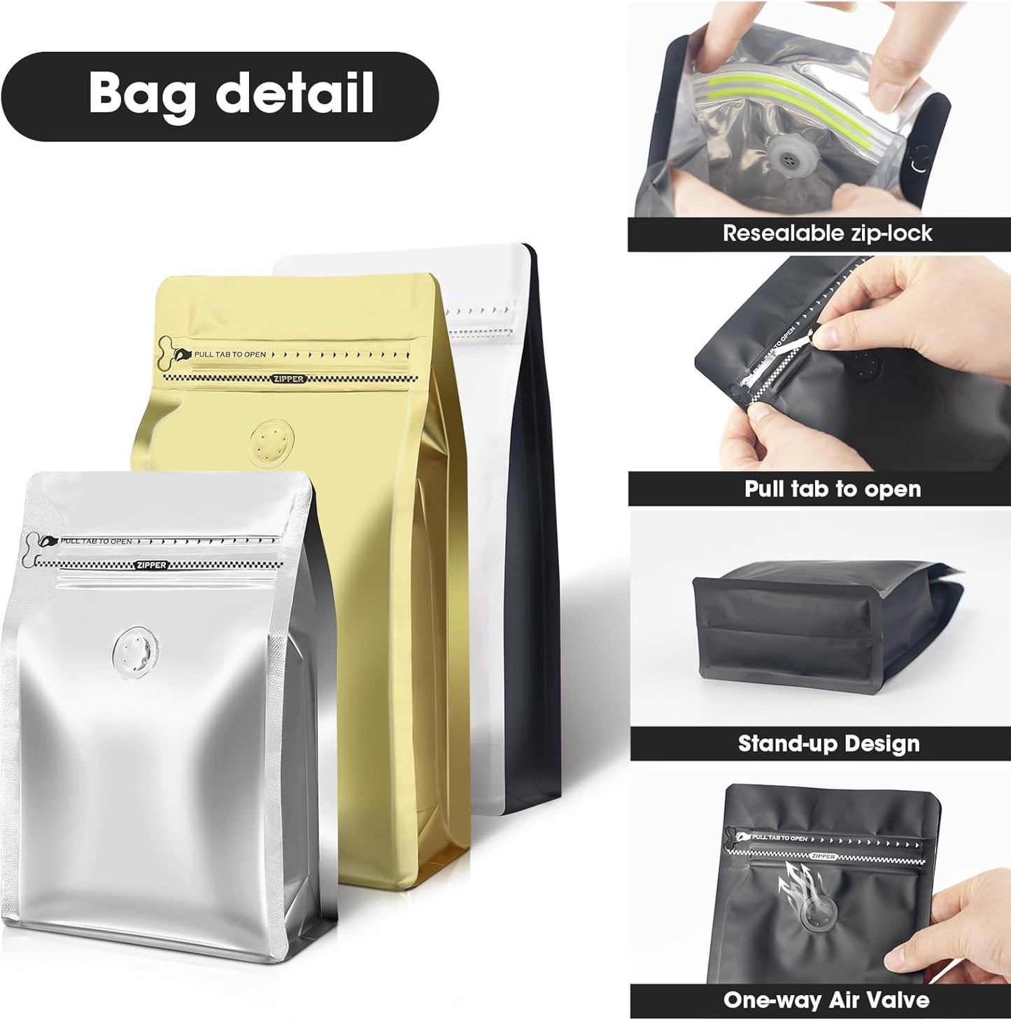 Coffee Bags with Valve(60pcs,8 oz,1/2 lb) Vented Coffee Beans Packaging Bags High Barrier Aluminumed Foil Flat Bottom Heat Sealed Side Zipper Resealable Storage Bag for Home or Business（White+Gold）