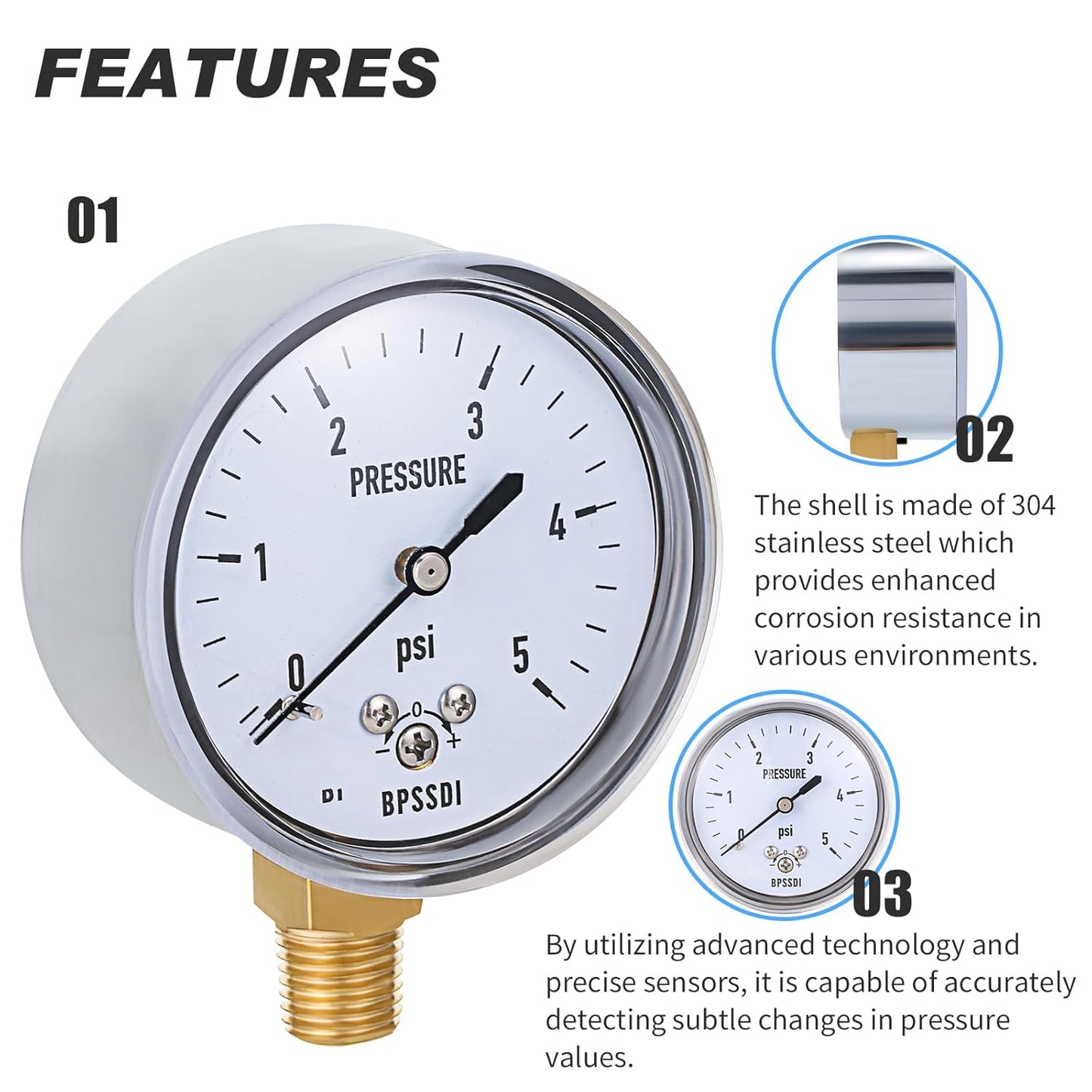 0-5 Psi Low Pressure Gauge, Capsule Gauge with 304 Stainless Steel Case, 2.5" Dial Size, 1/4" NPT Lower Mount, Zero Adjustment, for Air Water Gas Pressure Test