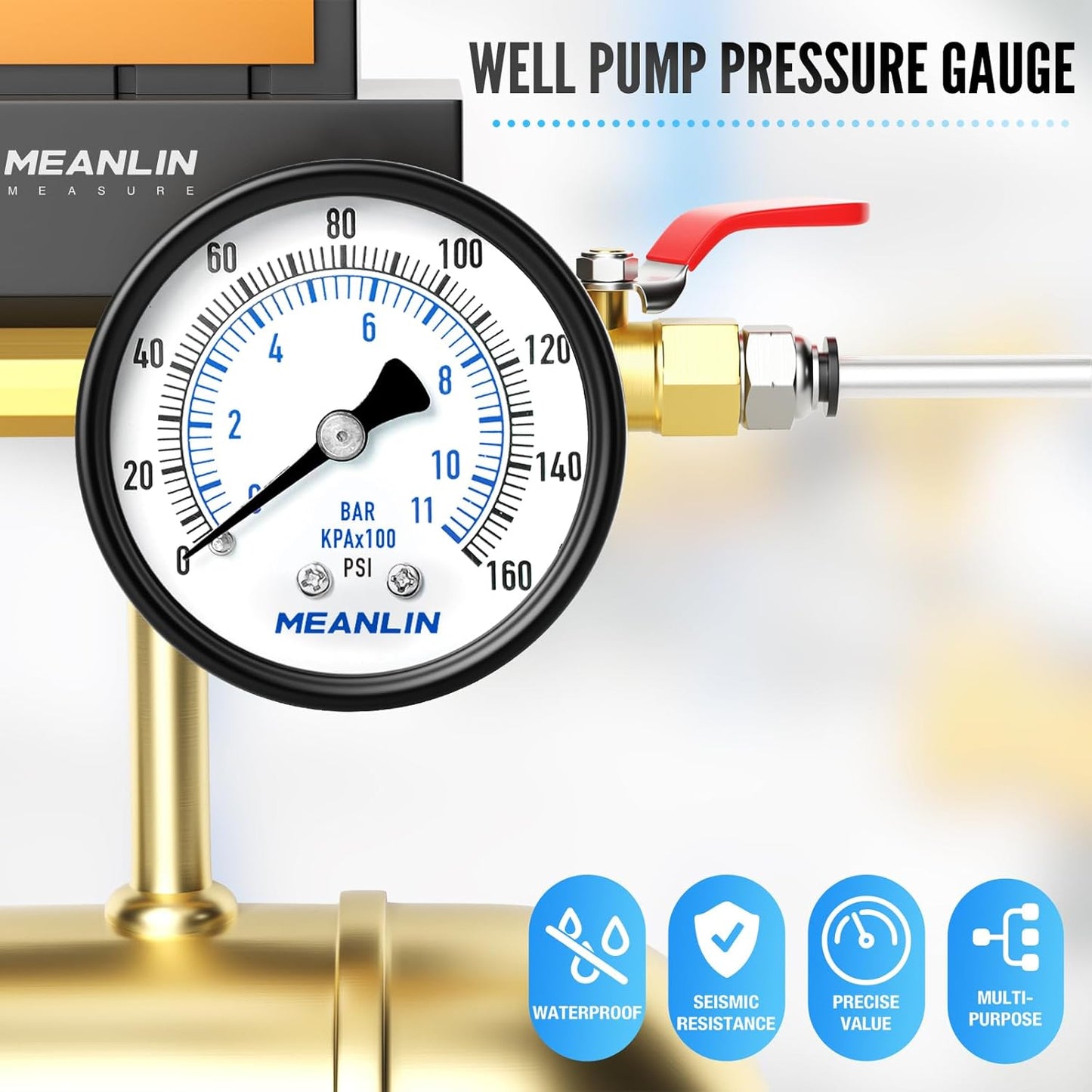 MEANLIN MEASURE 0-160Psi 2" DIAL FACE 1/4" NPT Well Pump Pressure Gauge, with 1/2" NPT and 3/8" NPT Hex Bushing, 3-2-3% Accuracy, Center Back Mount