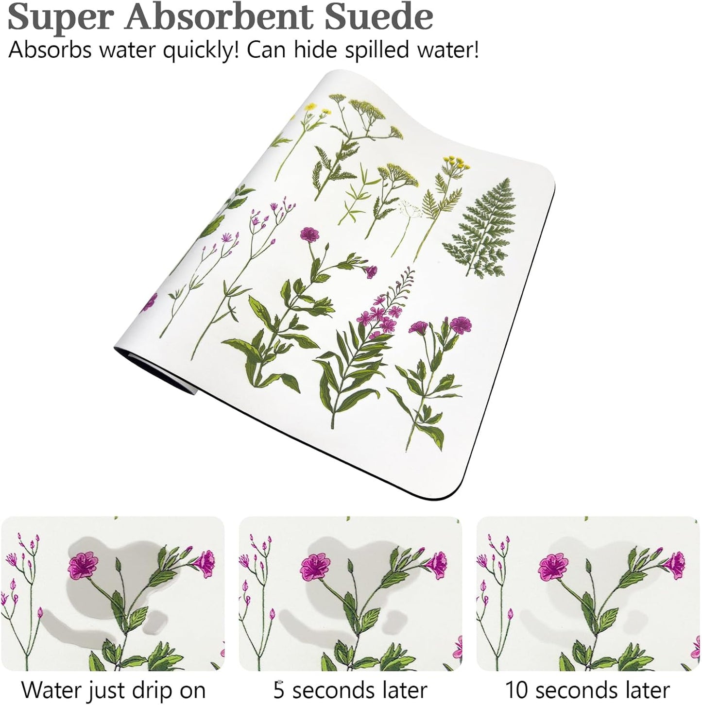 Bloss Dish Drying Mat, Multiple Usage Coffee Bar Mat, Kitchen Counter Mat, Absorbent Hide Stain Rubber Backed Dish Drying Pad(16.1"x24.1", 2-Row Flower)