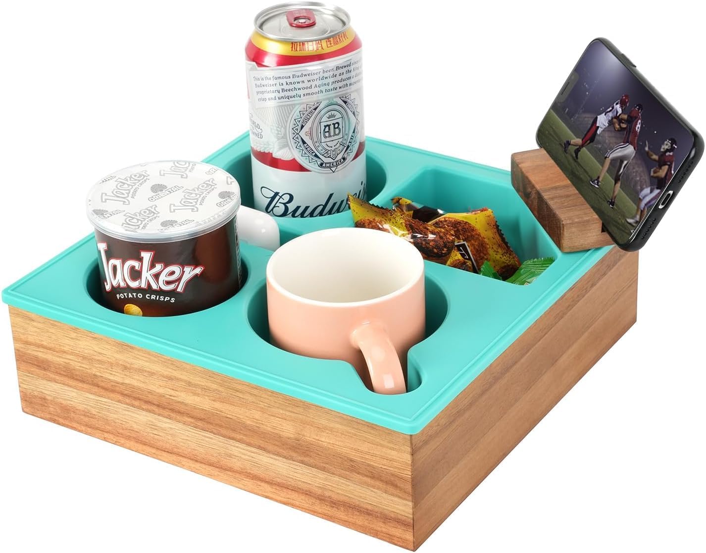 Couch Cup Holder Tray, Handy Soft Silicone Acacia Wooden Couch Caddy for Bed Car Seat Beach Organizer, Waterproof Anti-Spill Sofa Cup Holder for Snacks Beverage Remote (Green)