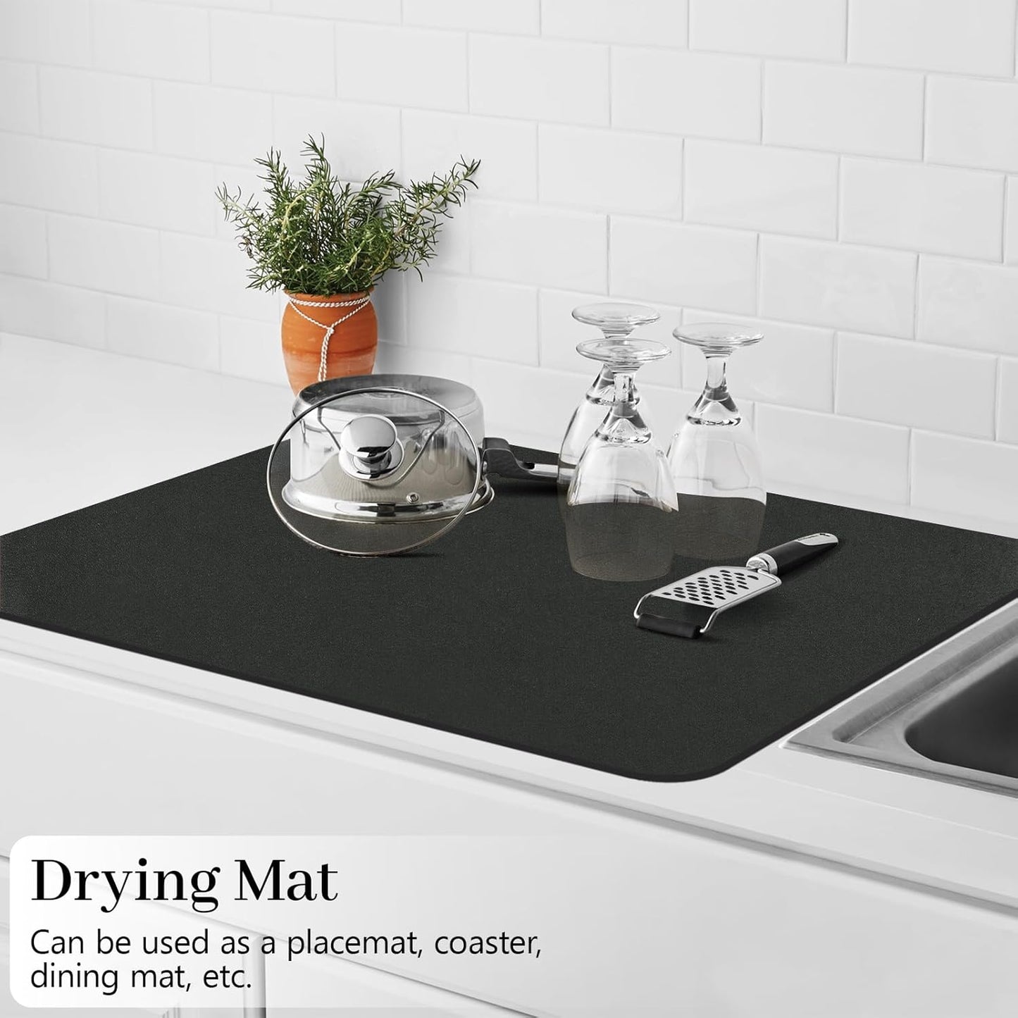 Bloss Coffee Mat 24"x16", Dish Drying Mat for Multiple Usage, Mat for Coffee Bar, Kitchen Counter Mat, Absorbent Hide Stain Rubber Backed Dish Drying Pad - Black