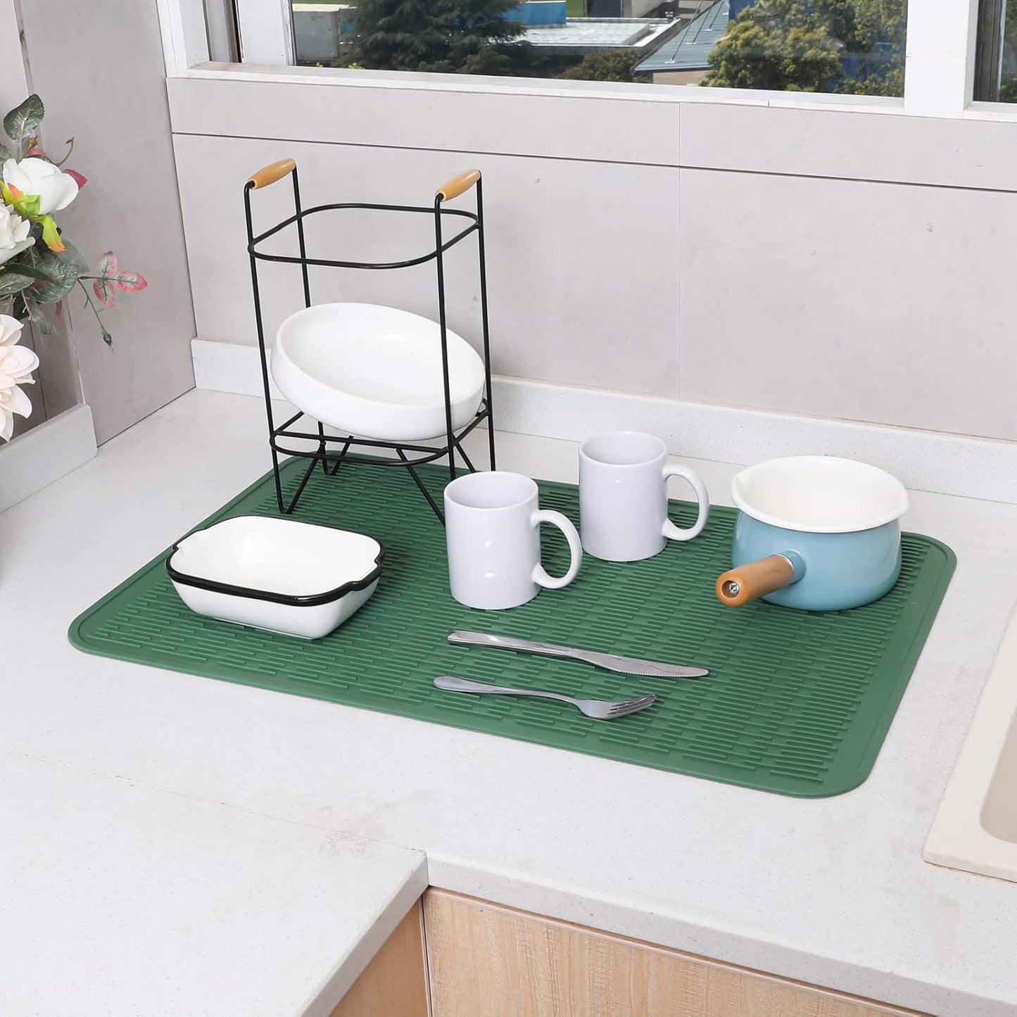 Silicone Dish Drying Mat for Multiple Usage,Easy clean,Eco-friendly,Heat-resistant Silicone Mat for Kitchen Counter or Sink,Refrigerator or Drawer Liner Green 3XL 28 inches x 18 inches